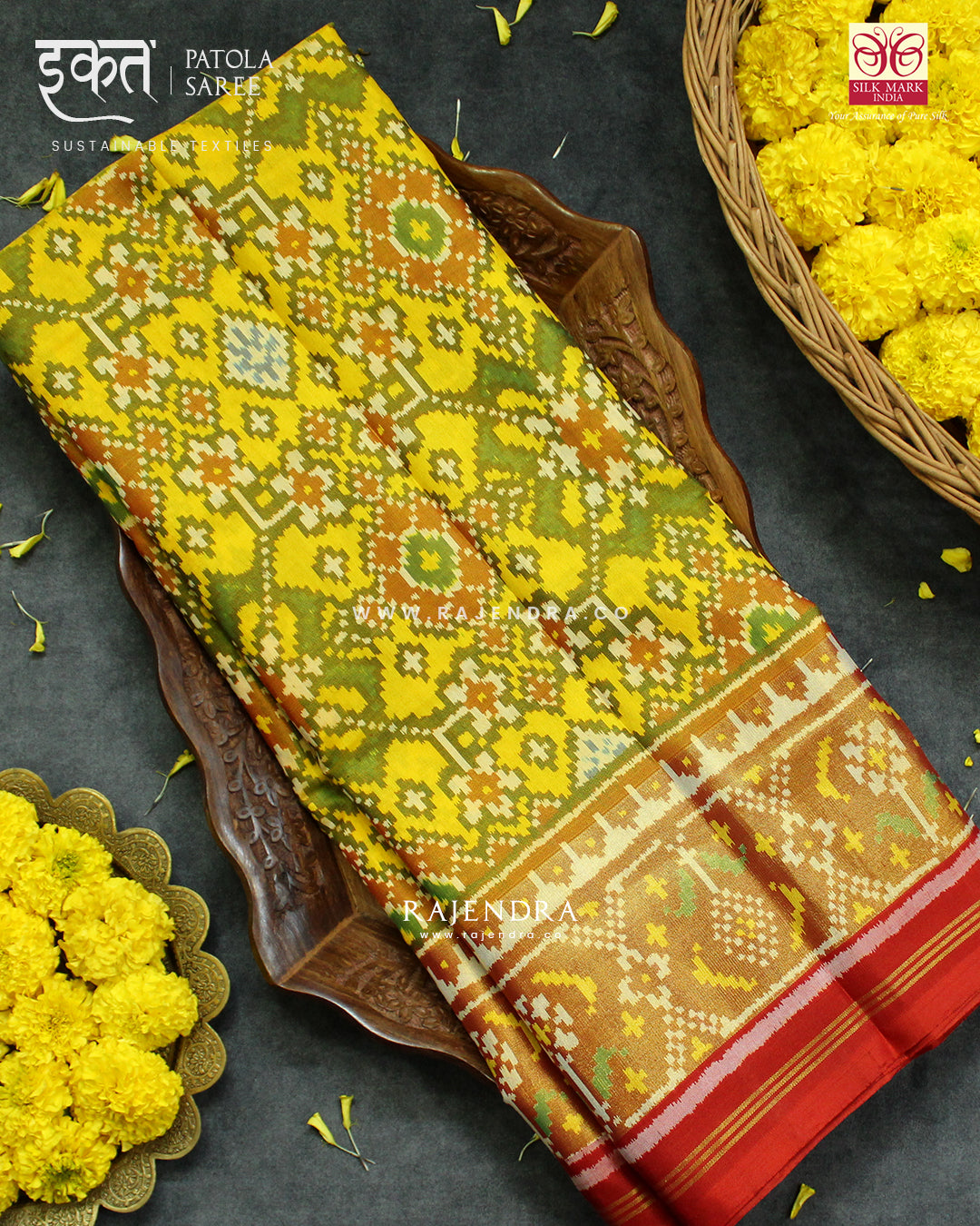Traditional Navratna Design Red and Yellow Single Ikat Rajkot Patola Saree