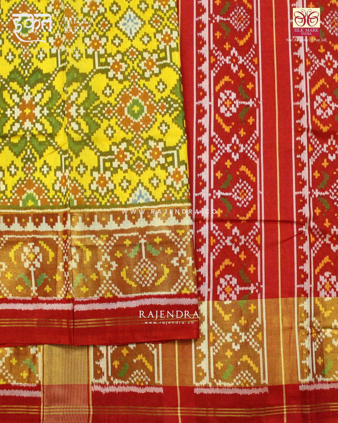 Traditional Navratna Design Red and Yellow Single Ikat Rajkot Patola Saree