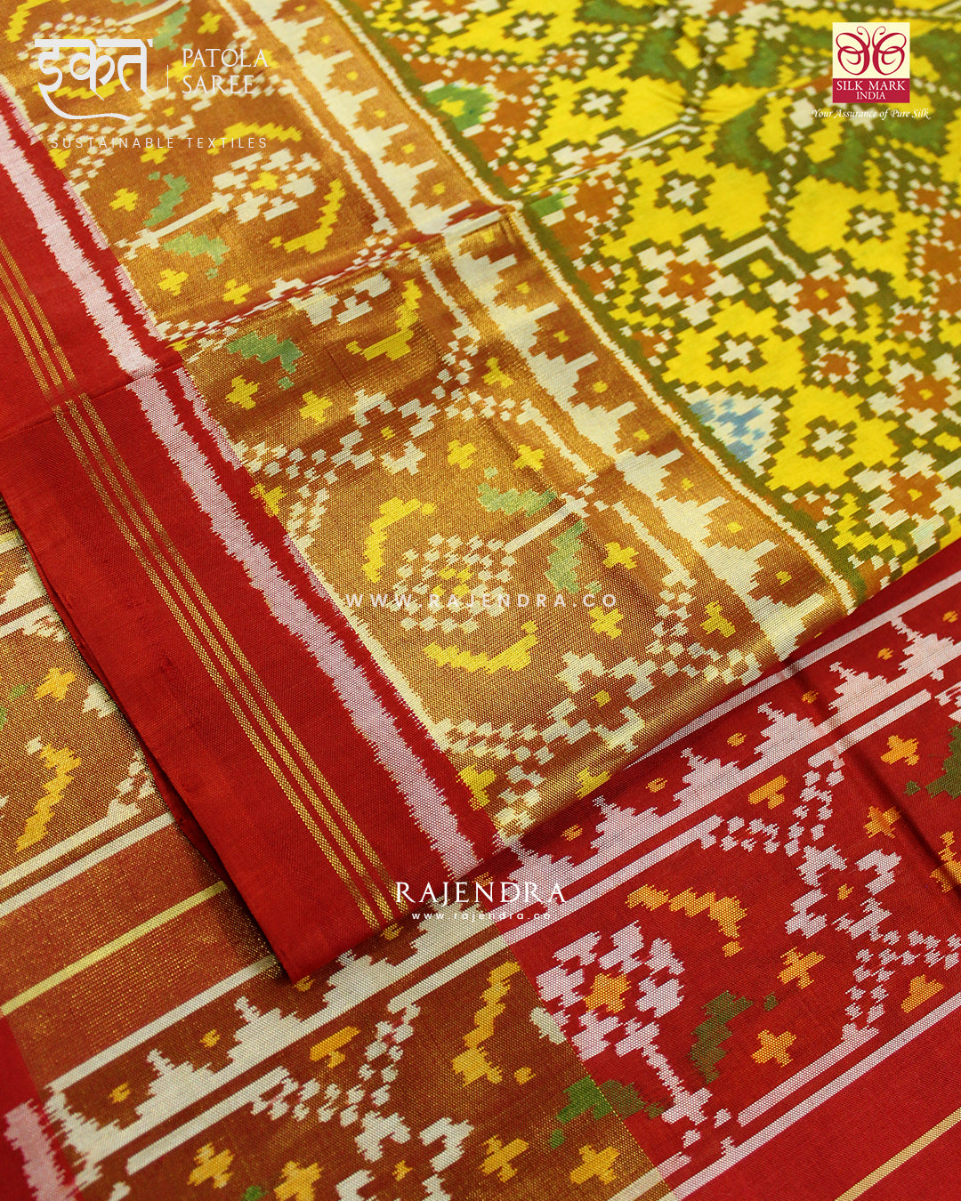 Traditional Navratna Design Red and Yellow Single Ikat Rajkot Patola Saree