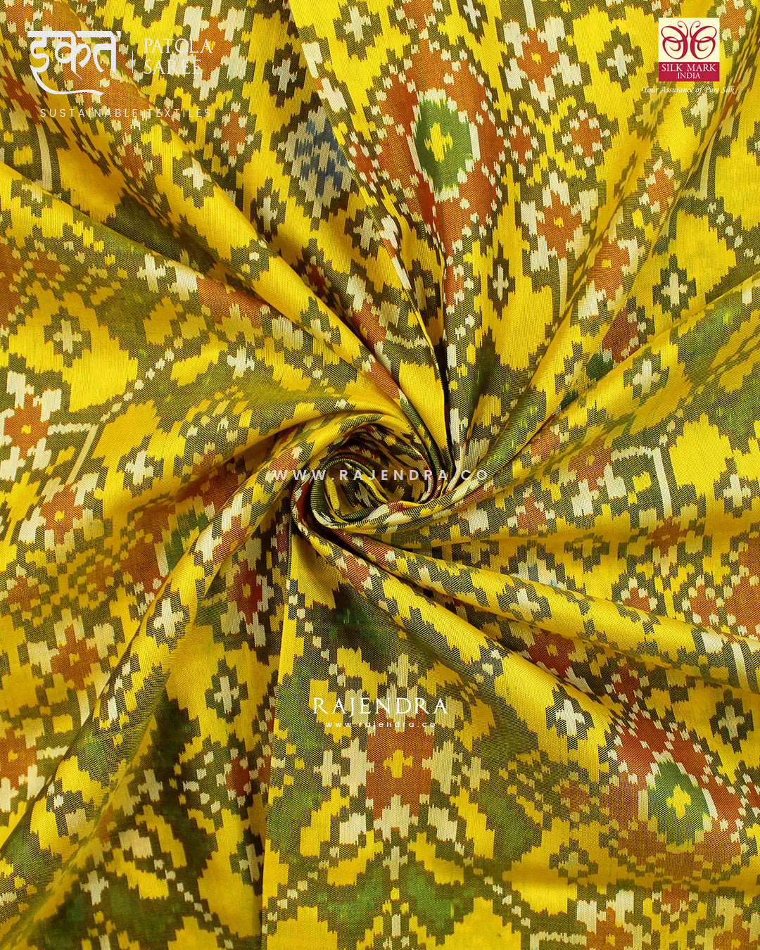 Traditional Navratna Design Red and Yellow Single Ikat Rajkot Patola Saree