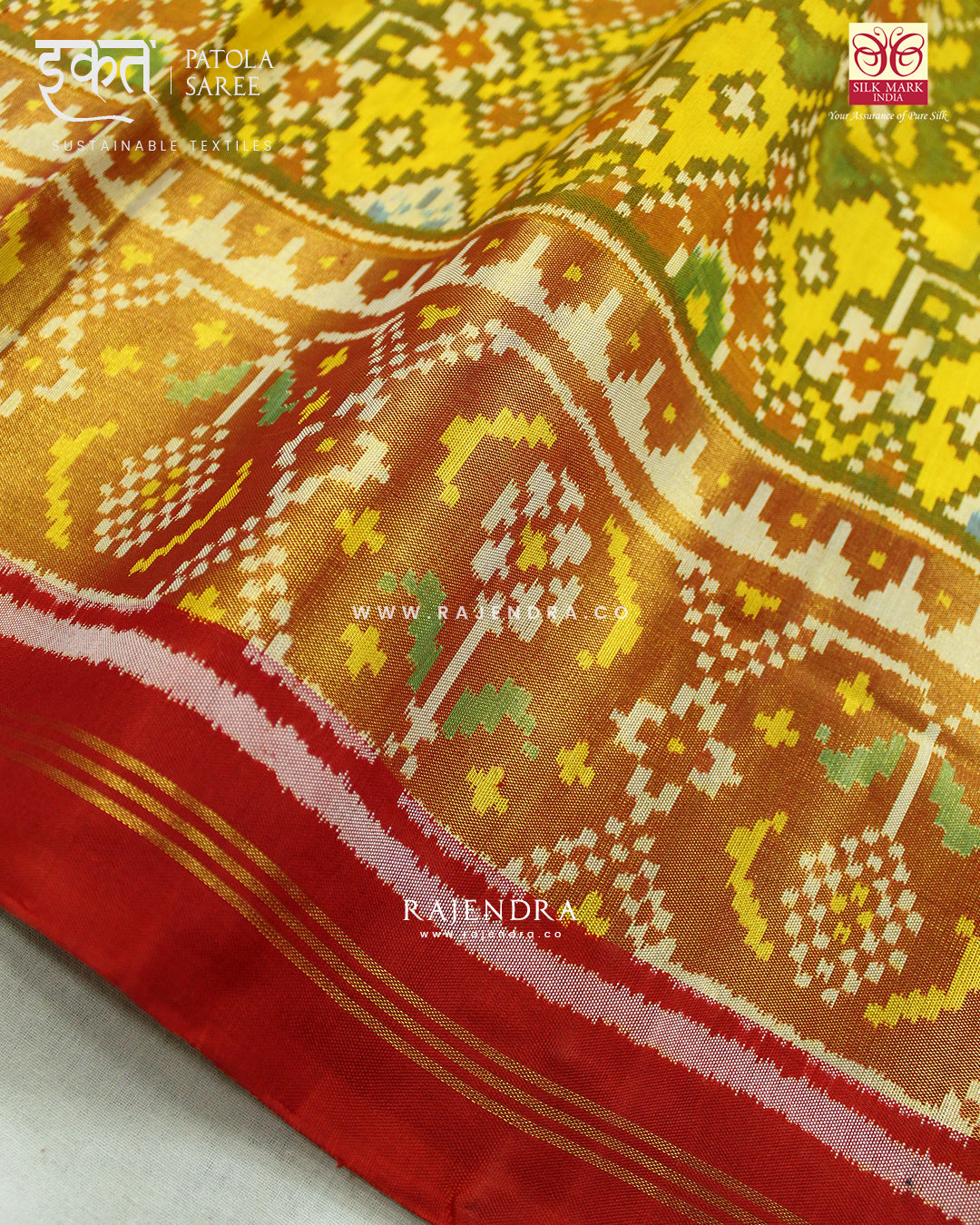 Traditional Navratna Design Red and Yellow Single Ikat Rajkot Patola Saree
