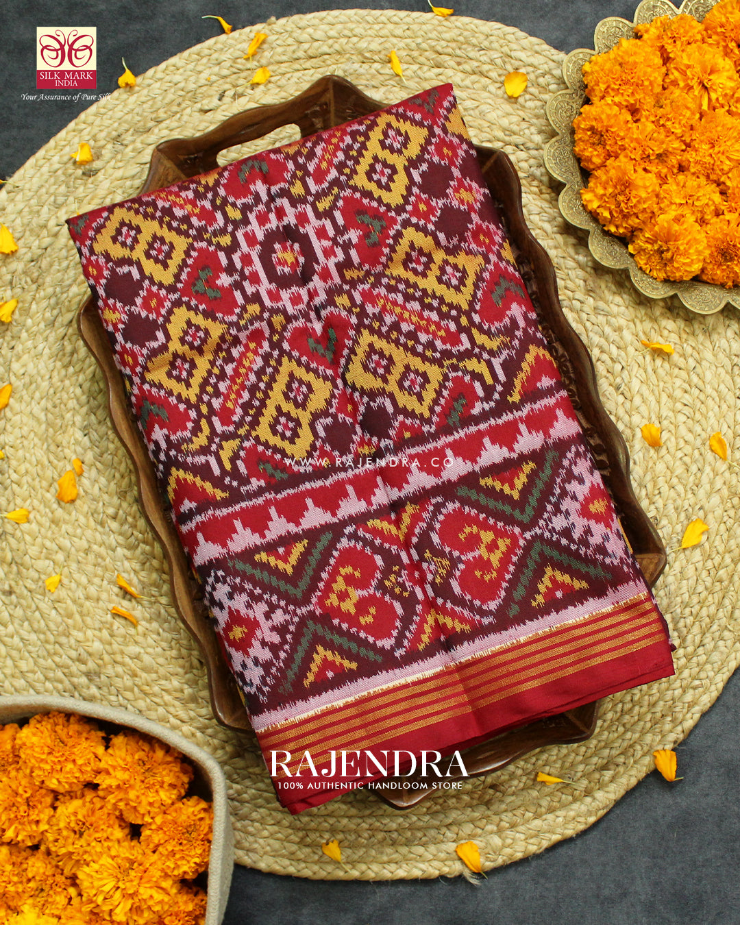 Traditional Manekchowk Design Red and Mustard Ikat Rajkot Patola Saree