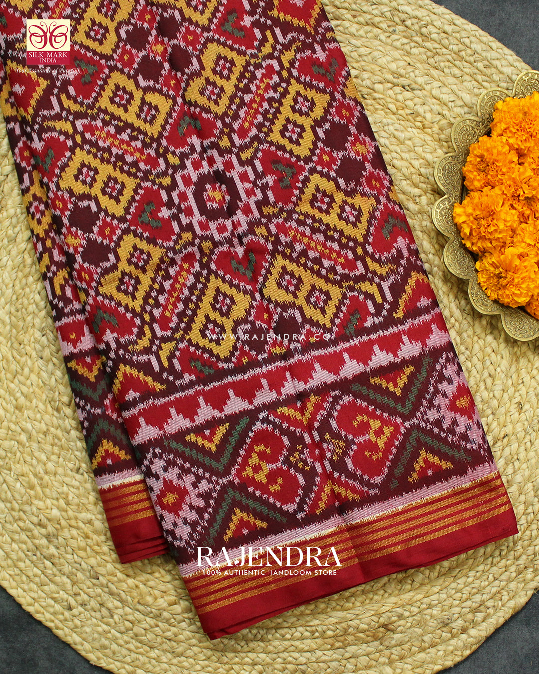 Traditional Manekchowk Design Red and Mustard Ikat Rajkot Patola Saree