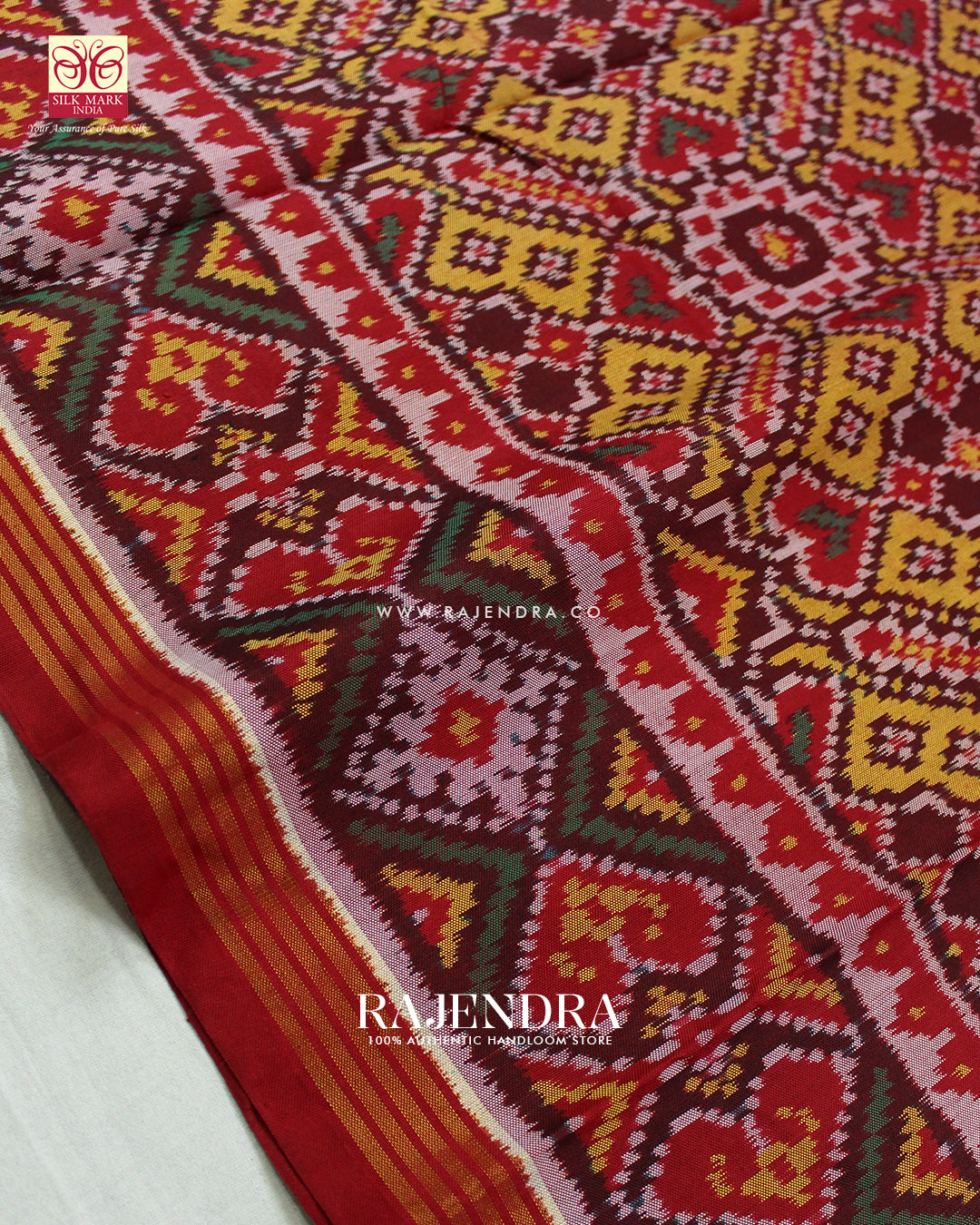 Traditional Manekchowk Design Red and Mustard Ikat Rajkot Patola Saree