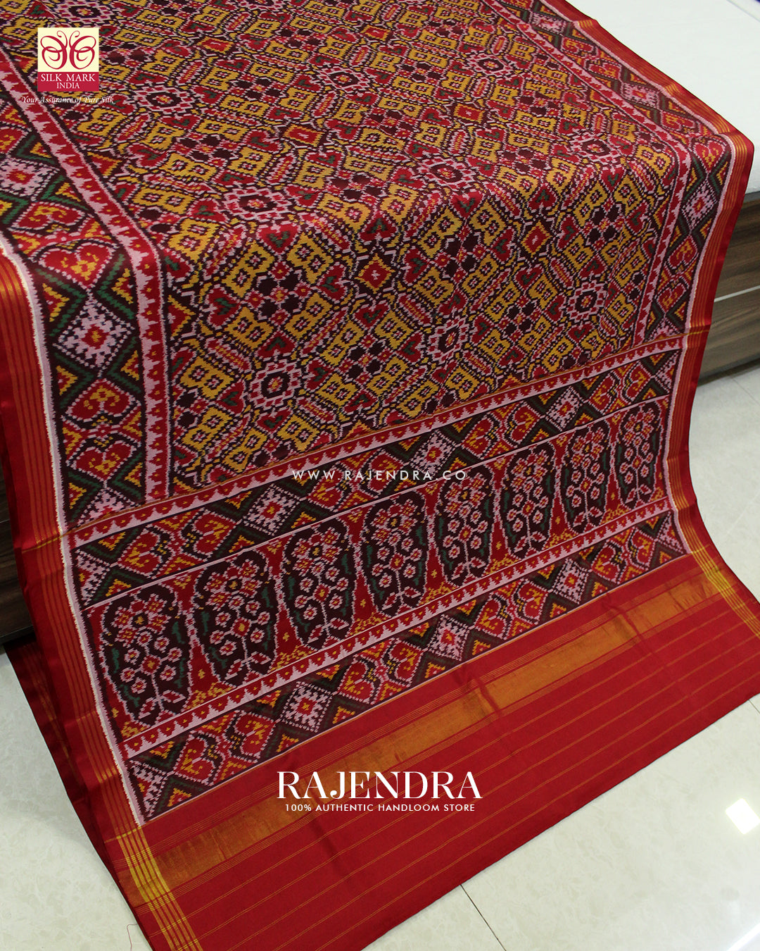 Traditional Manekchowk Design Red and Mustard Ikat Rajkot Patola Saree