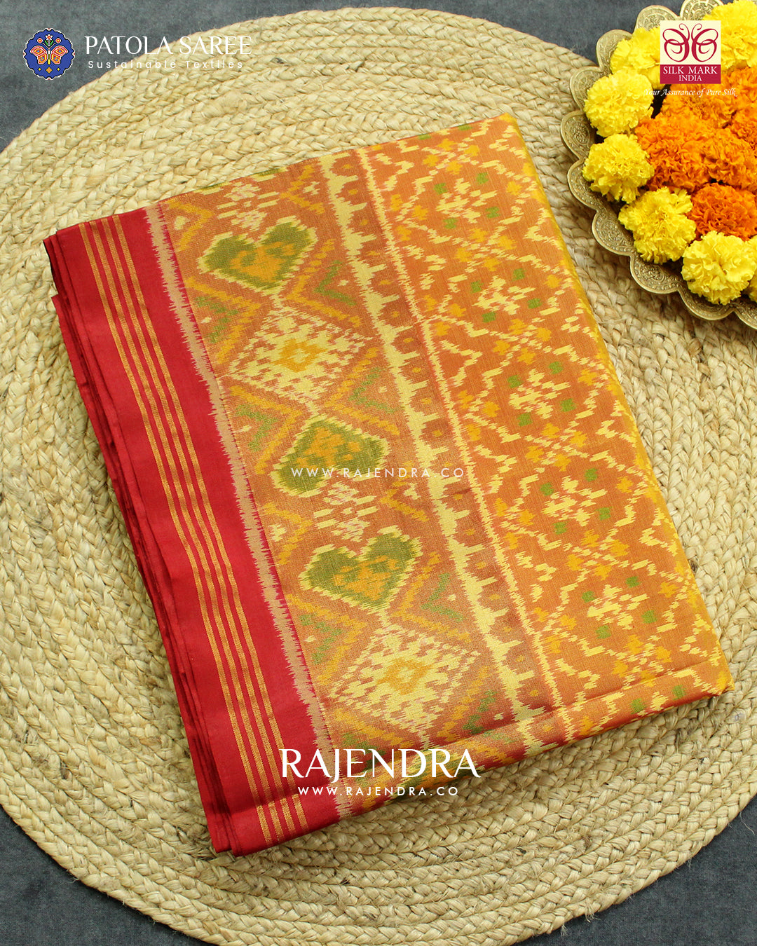 Traditional Buttonful Design Red and Mustard Single Ikat Rajkot Patola Saree