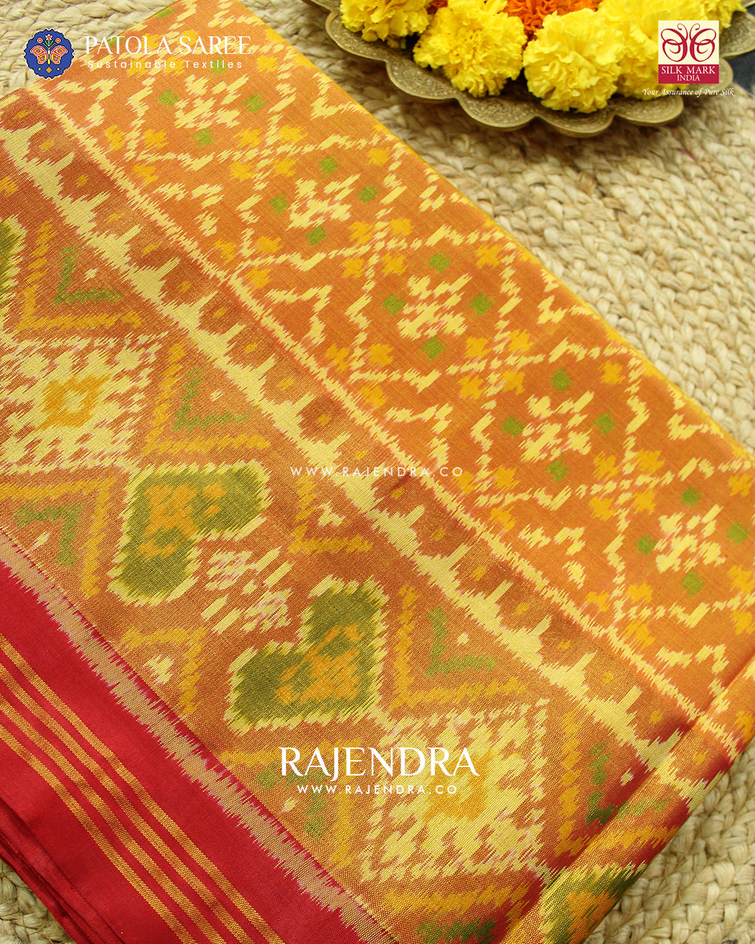 Traditional Buttonful Design Red and Mustard Single Ikat Rajkot Patola Saree