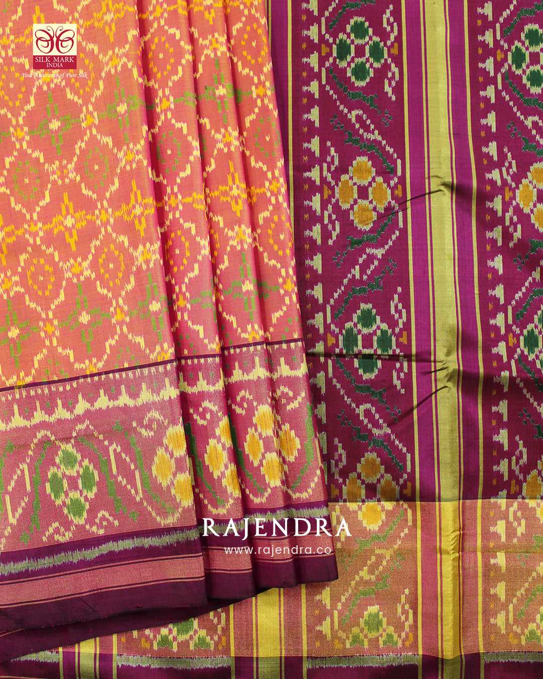 Traditional Sakali Bhat Peach and Brinjal Single Ikat Rajkot Patola Saree