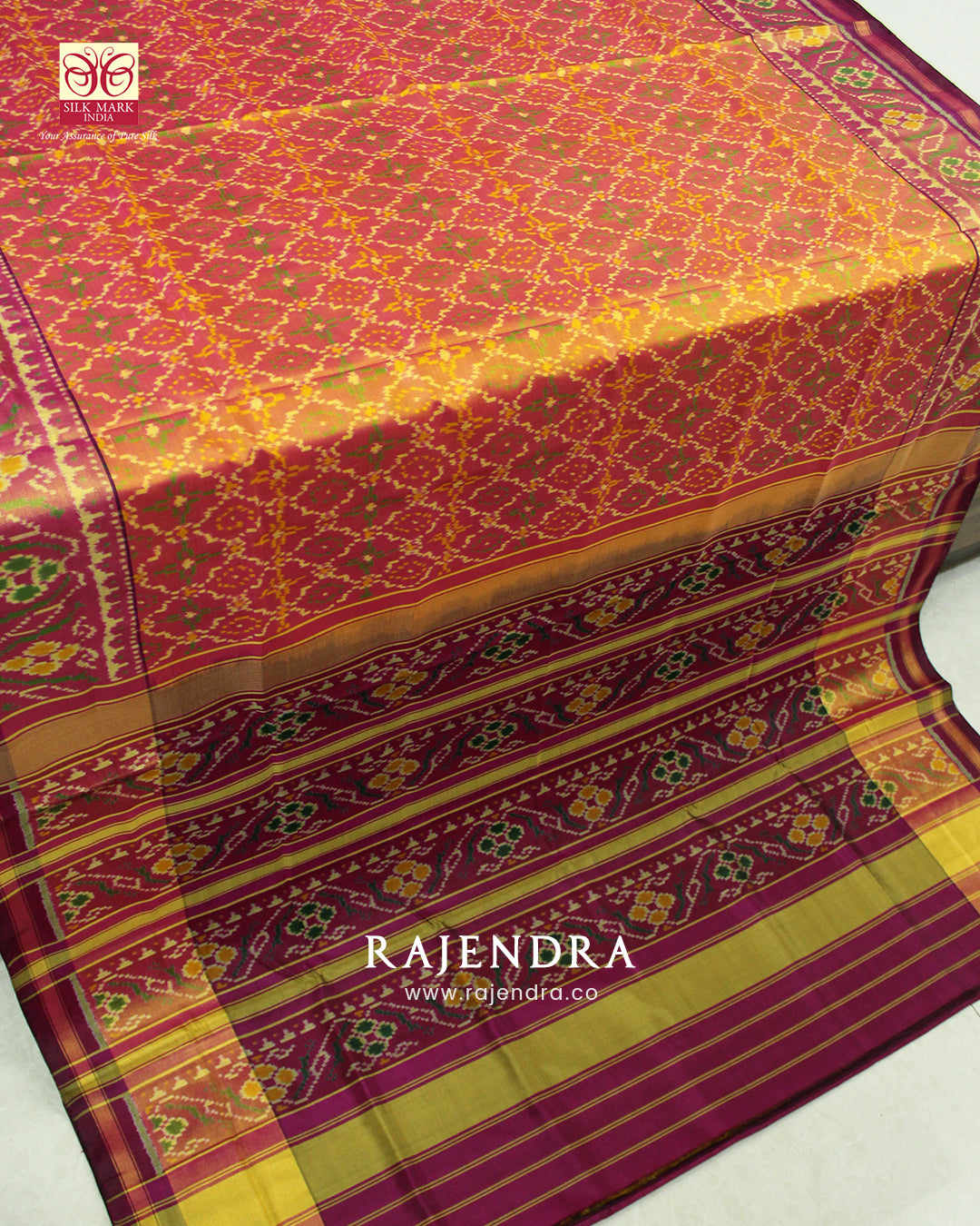Traditional Sakali Bhat Peach and Brinjal Single Ikat Rajkot Patola Saree