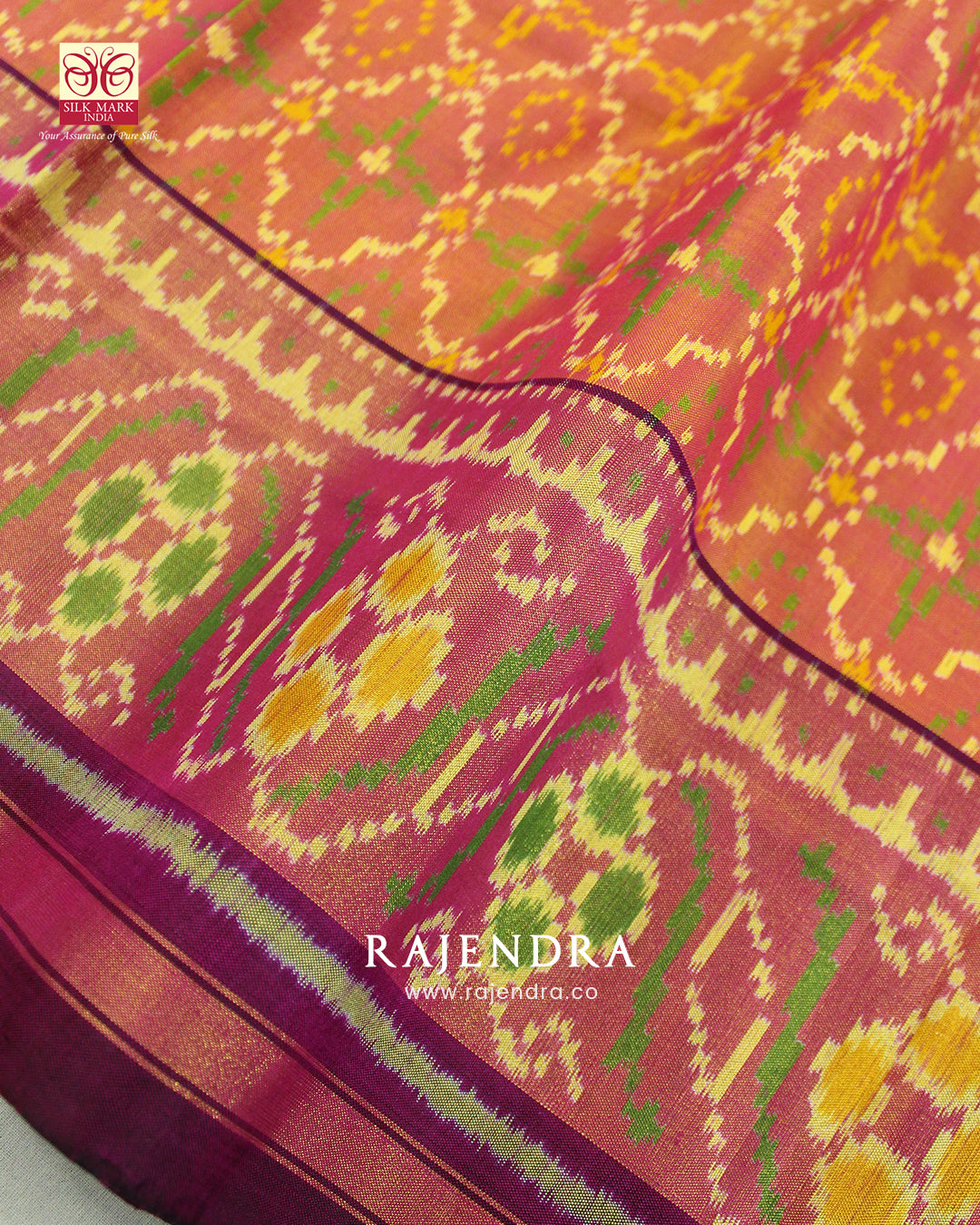 Traditional Sakali Bhat Peach and Brinjal Single Ikat Rajkot Patola Saree