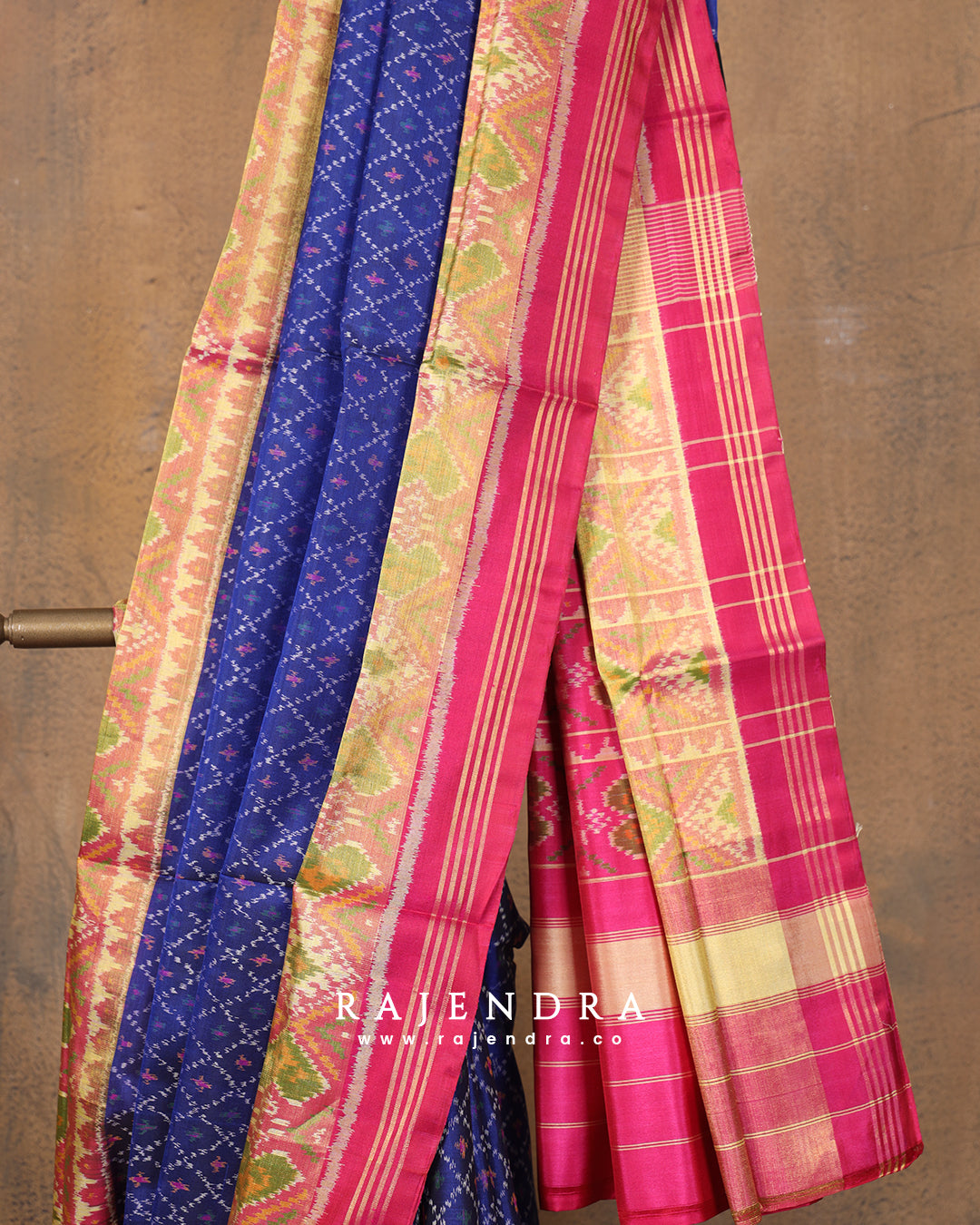 Traditional Sakali Bhat Pink and Blue Single Ikat Rajkot Patola Saree