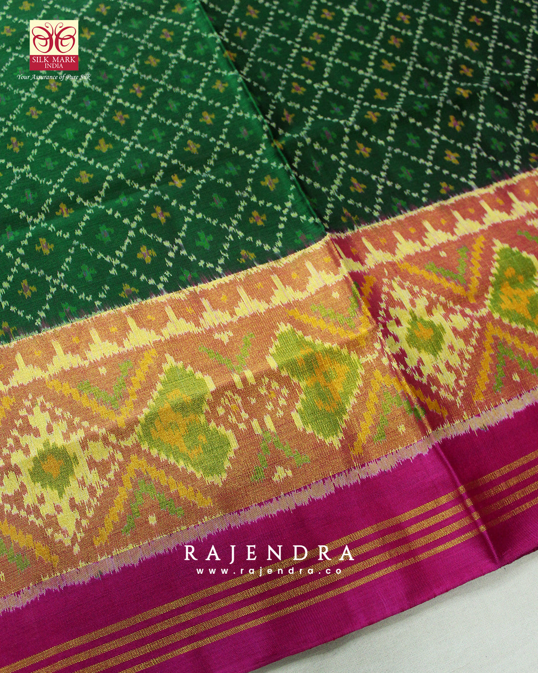Traditional Sakali Bhat Pink and Green Single Ikat Rajkot Patola Saree