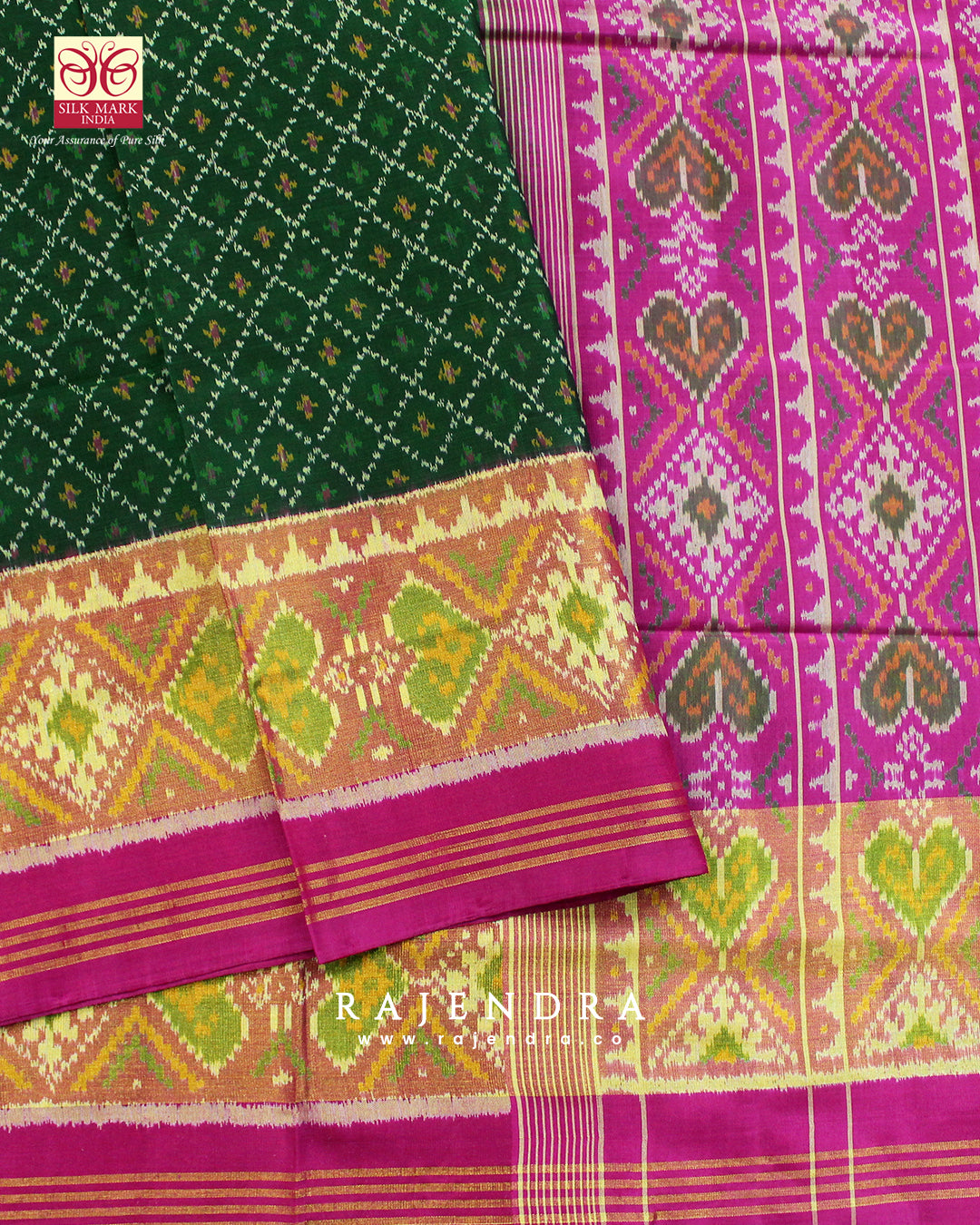 Traditional Sakali Bhat Pink and Green Single Ikat Rajkot Patola Saree
