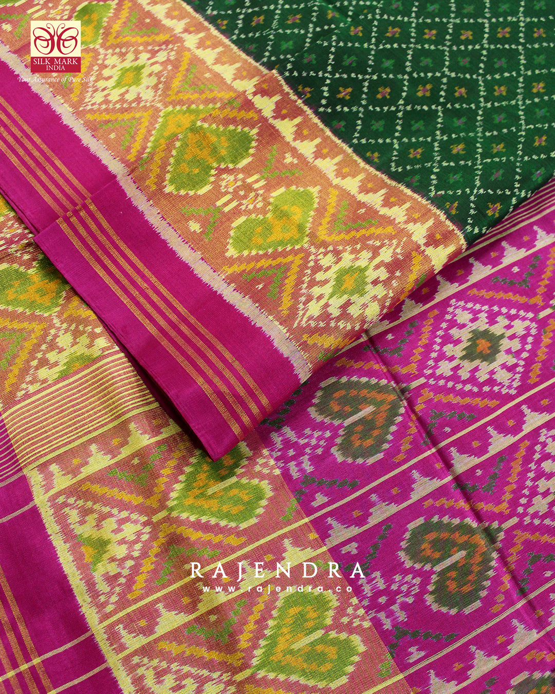 Traditional Sakali Bhat Pink and Green Single Ikat Rajkot Patola Saree