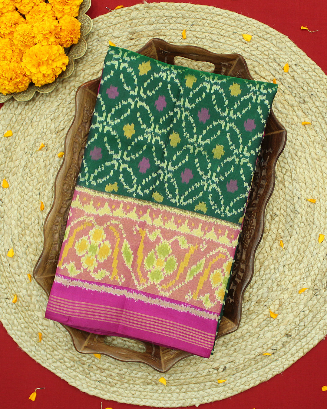 Traditional Sakali Design Green Pink Rajkot Patola Saree