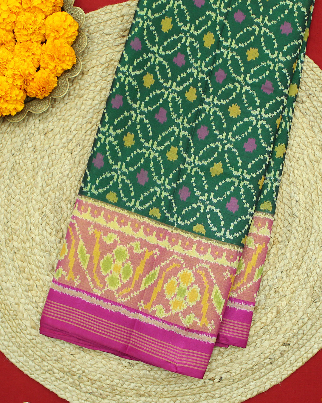 Traditional Sakali Design Green Pink Rajkot Patola Saree