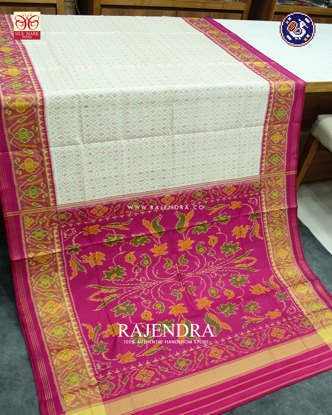 Traditional Sakali Design Pink and White Rajkot Patola Saree
