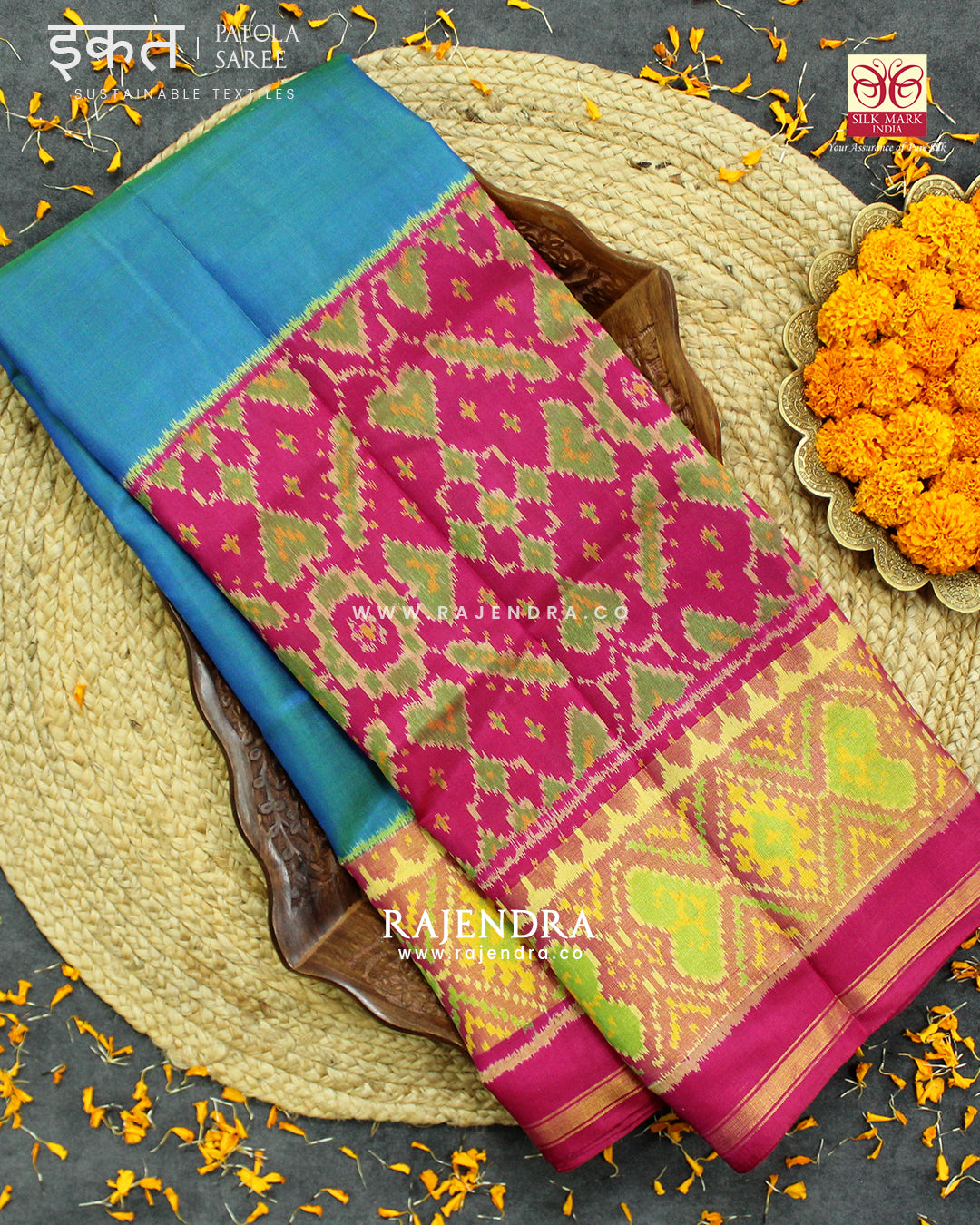Traditional Manekchowk Design Pink and Blue Skirt Border Rajkot Patola Saree