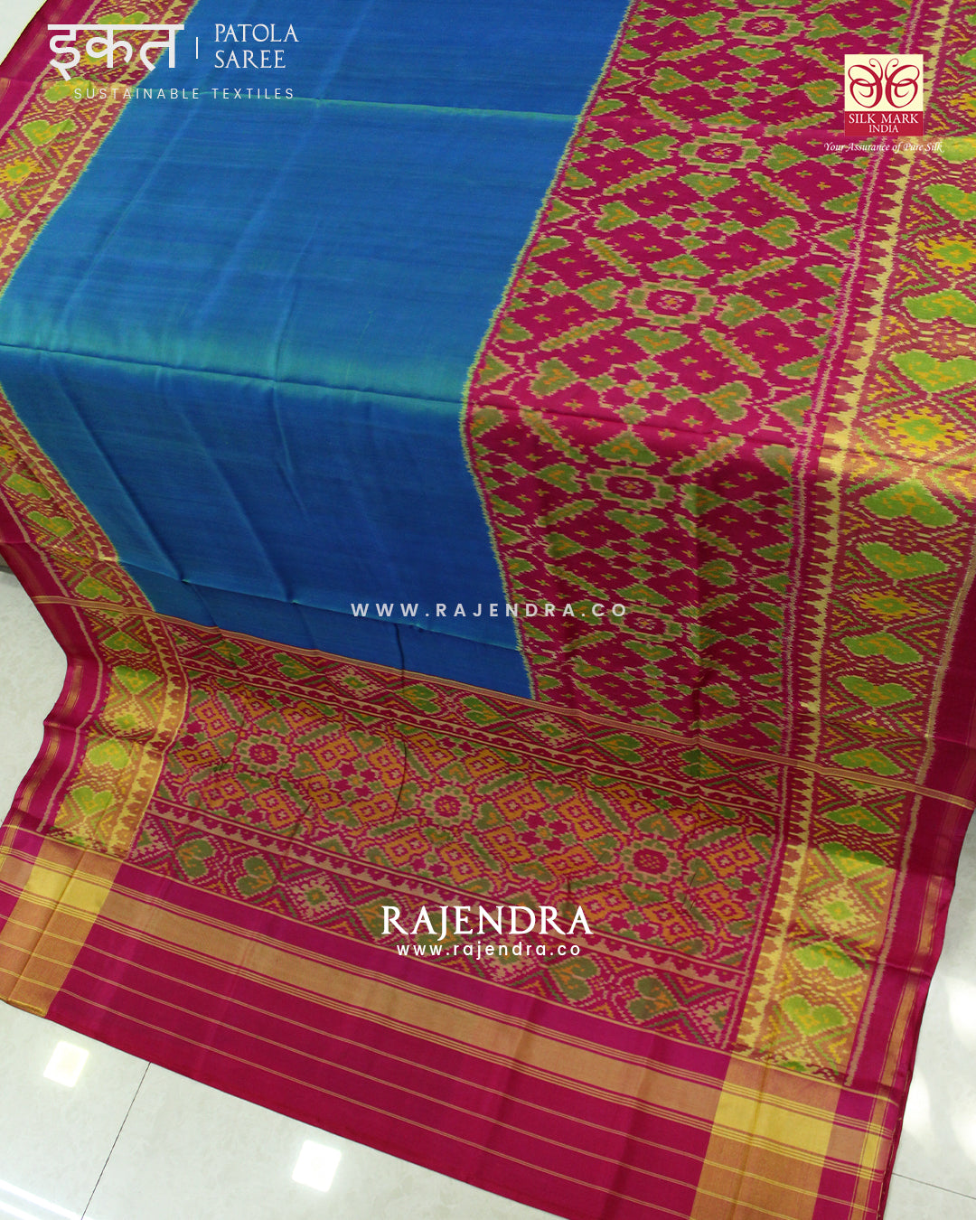 Traditional Manekchowk Design Pink and Blue Skirt Border Rajkot Patola Saree