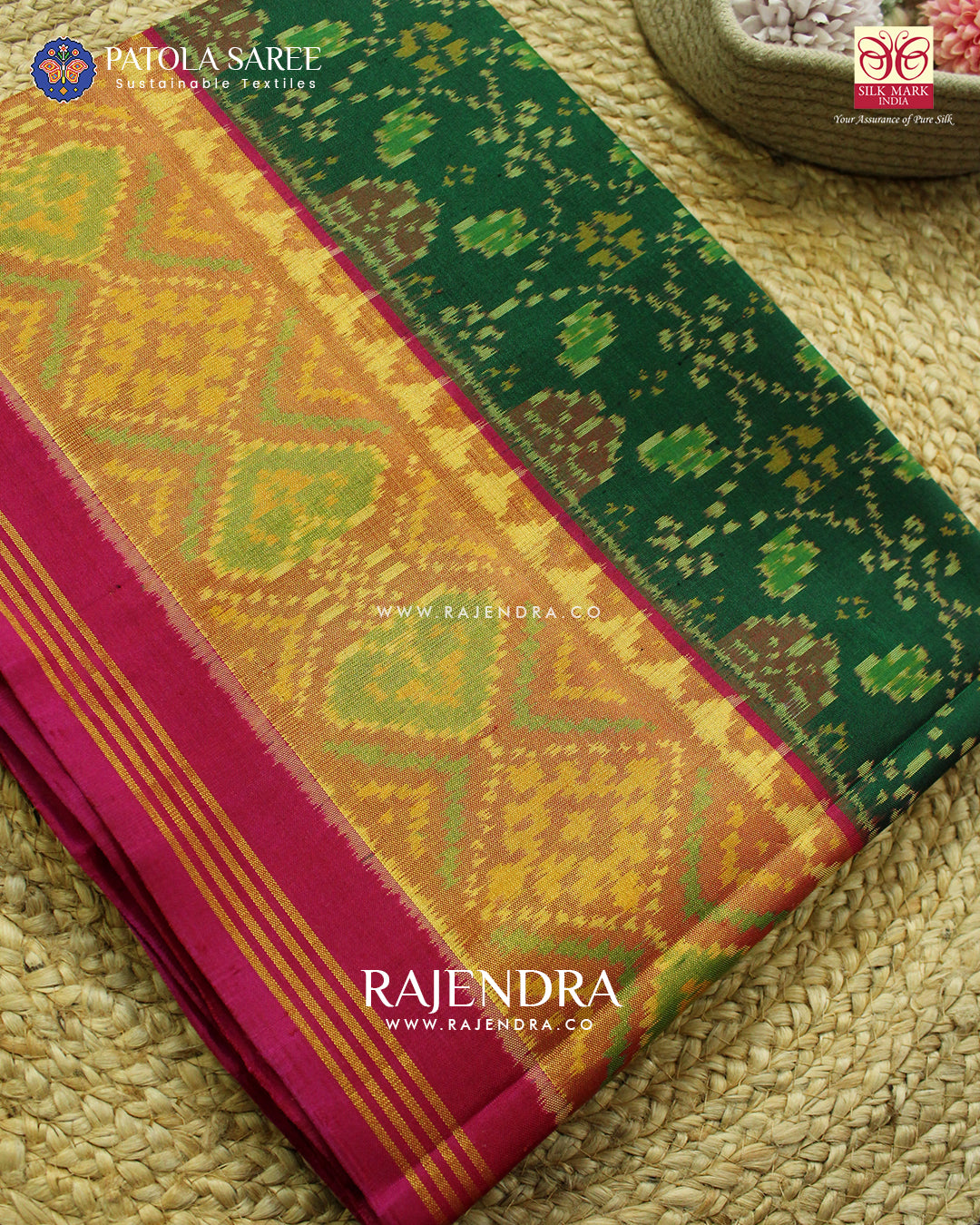 Traditional Chabadi Pink and Green Single Ikat Rajkot Patola Saree