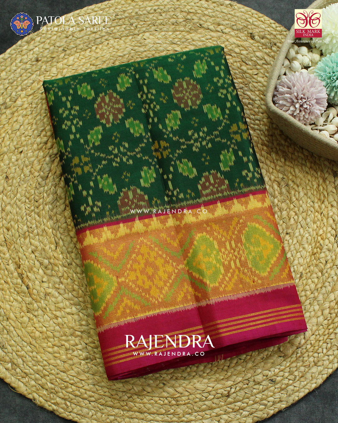 Traditional Chabadi Pink and Green Single Ikat Rajkot Patola Saree
