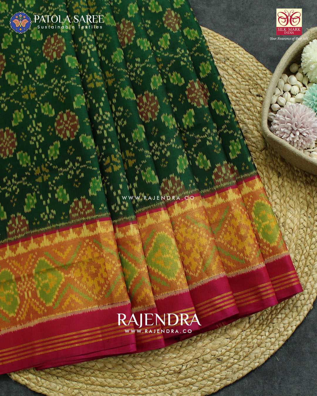 Traditional Chabadi Pink and Green Single Ikat Rajkot Patola Saree