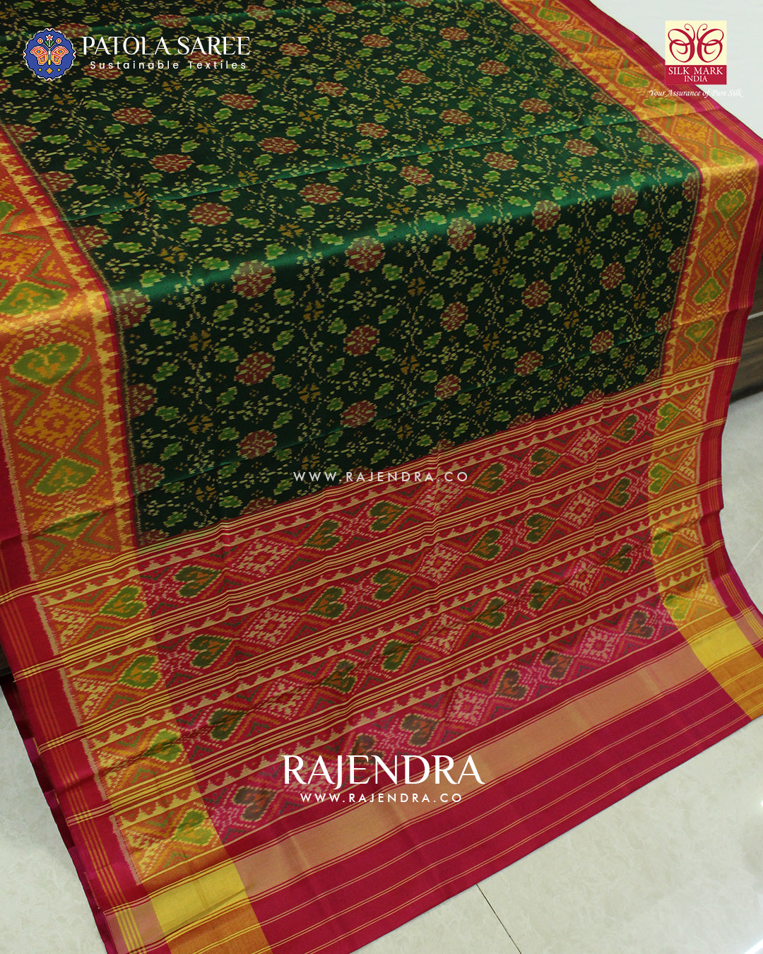 Traditional Chabadi Pink and Green Single Ikat Rajkot Patola Saree