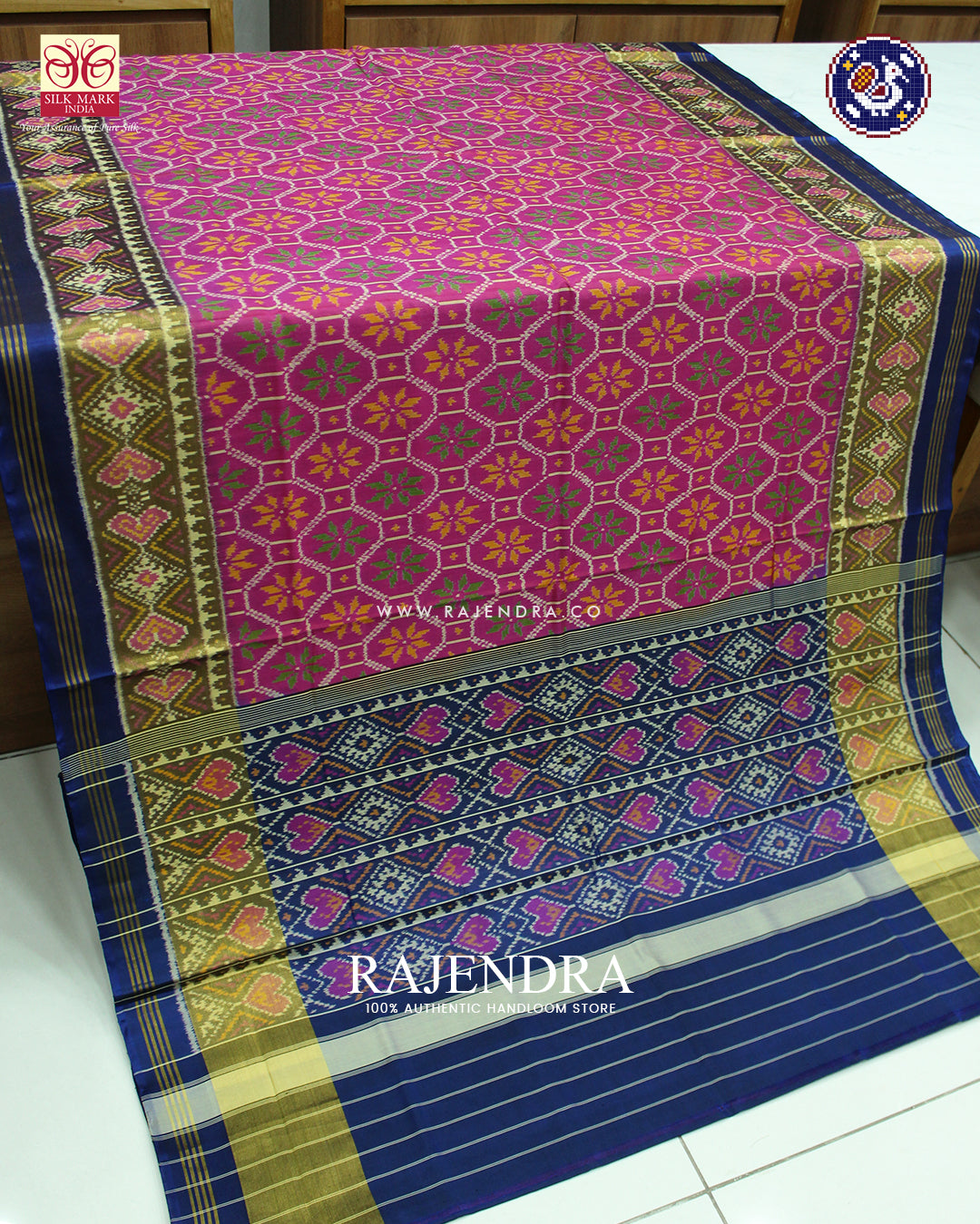 Exclusive Flower Design Pink and Blue Rajkot Patola Saree