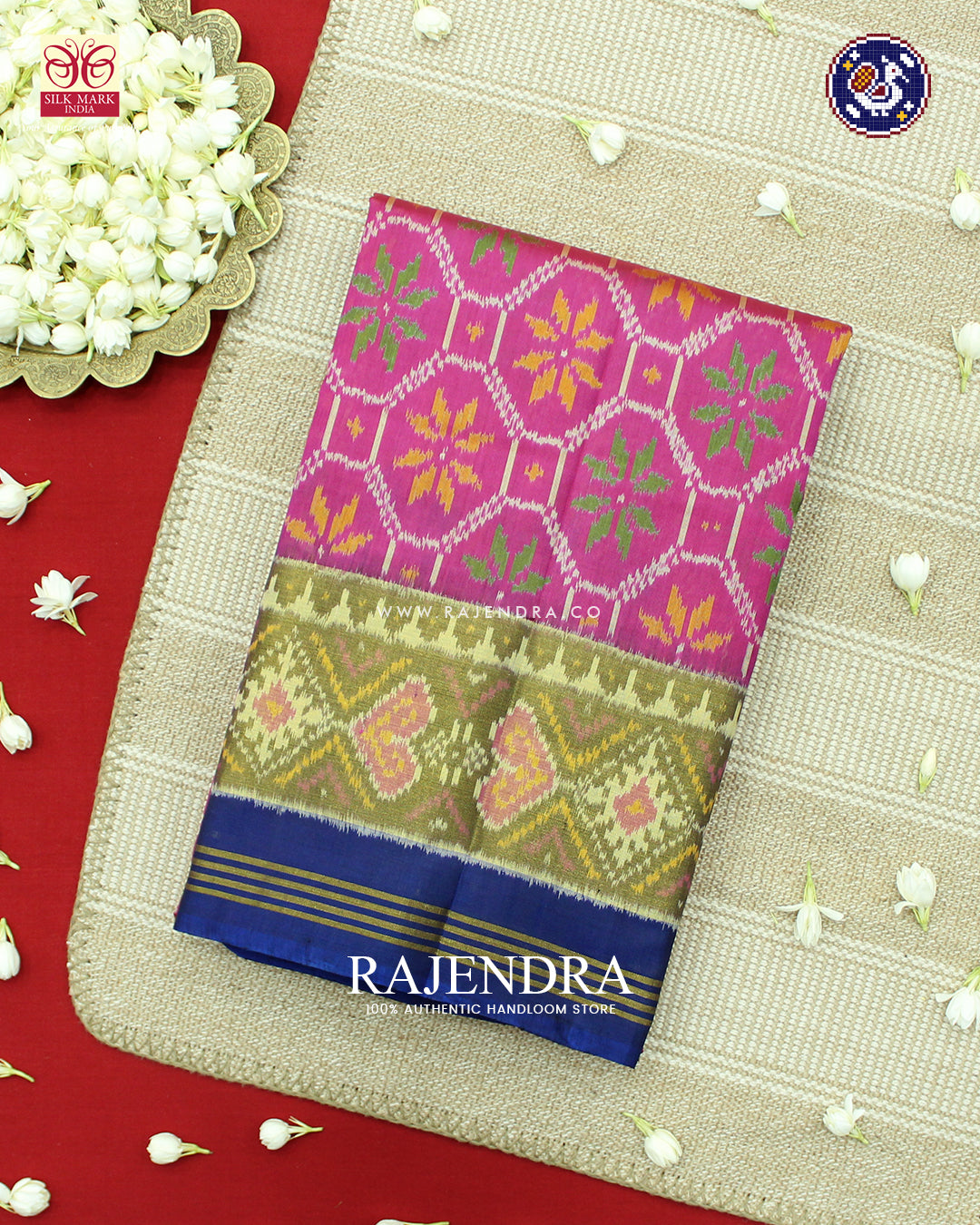 Exclusive Flower Design Pink and Blue Rajkot Patola Saree