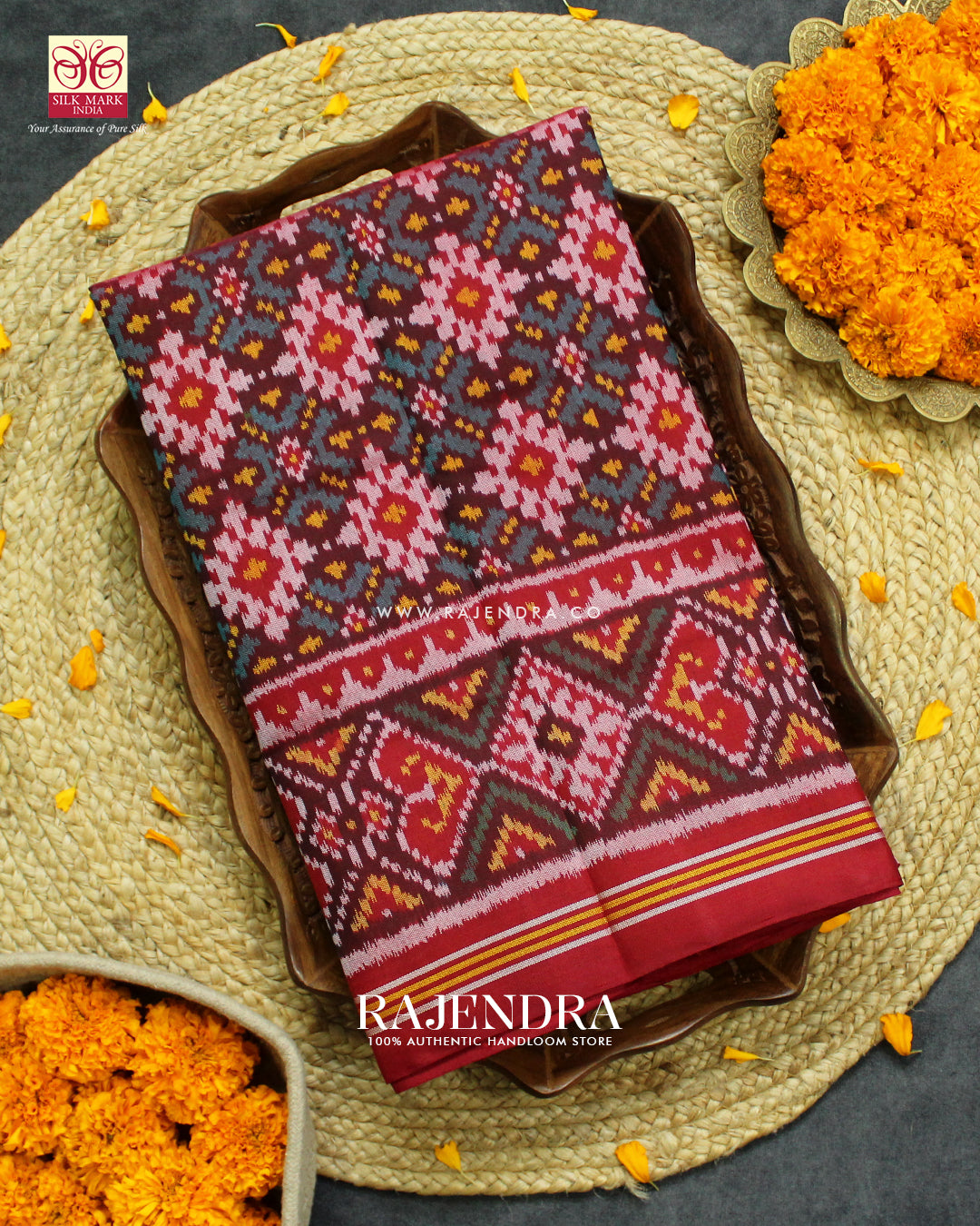 Traditional Star Design Red and Light Blue Ikat Rajkot Patola Saree