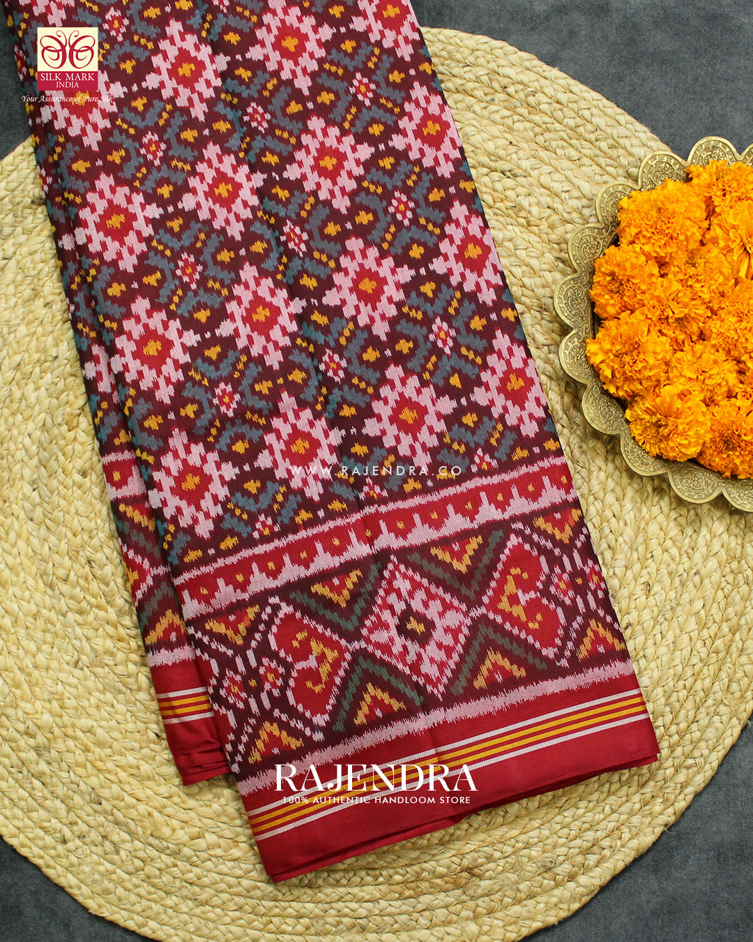 Traditional Star Design Red and Light Blue Ikat Rajkot Patola Saree