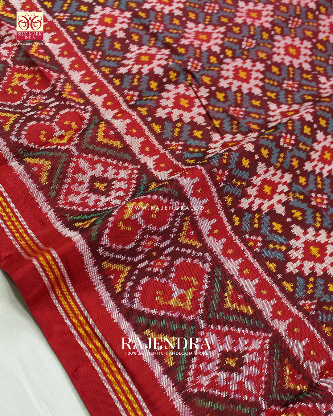 Traditional Star Design Red and Light Blue Ikat Rajkot Patola Saree