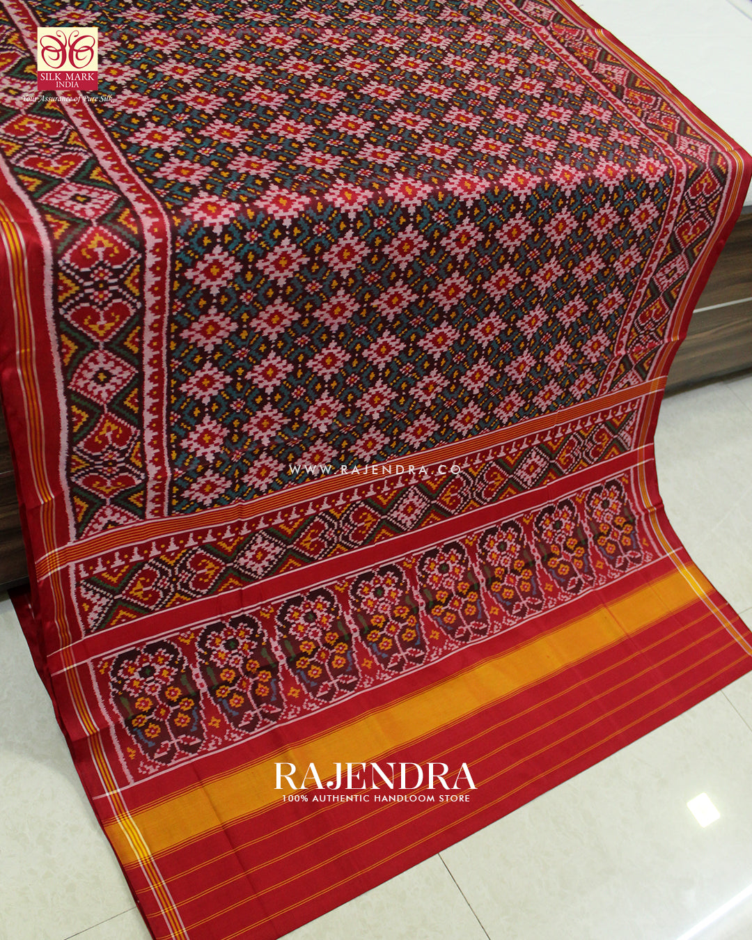 Traditional Star Design Red and Light Blue Ikat Rajkot Patola Saree