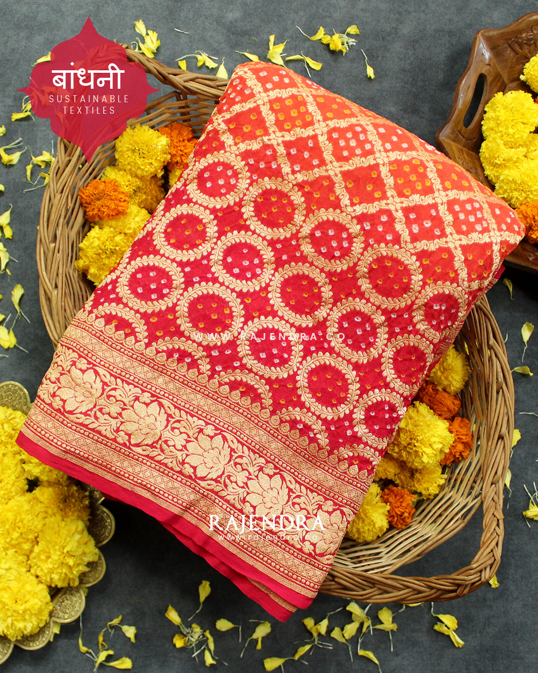 Traditional Khadi Georgette Strawberry Pink with Peach Banarasi Bandhani Saree