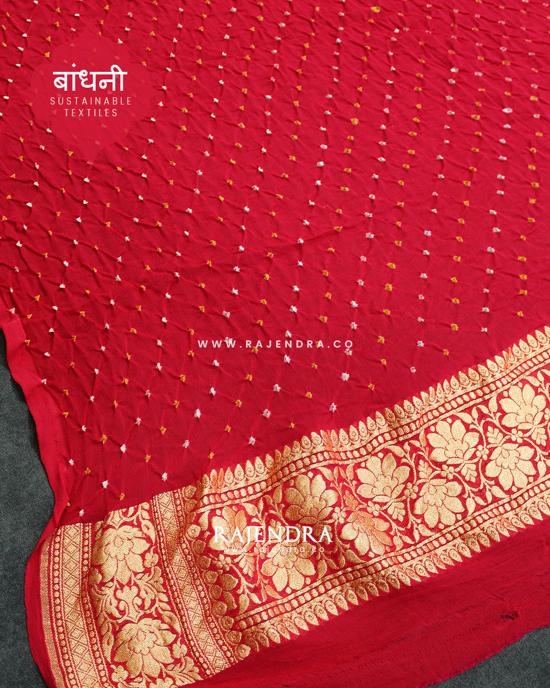 Traditional Khadi Georgette Strawberry Pink with Peach Banarasi Bandhani Saree