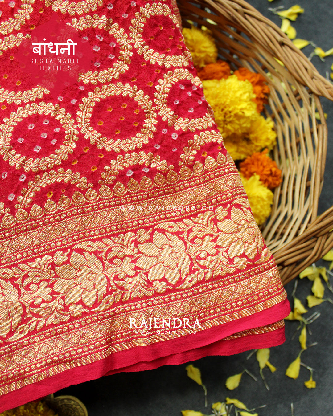 Traditional Khadi Georgette Strawberry Pink with Peach Banarasi Bandhani Saree