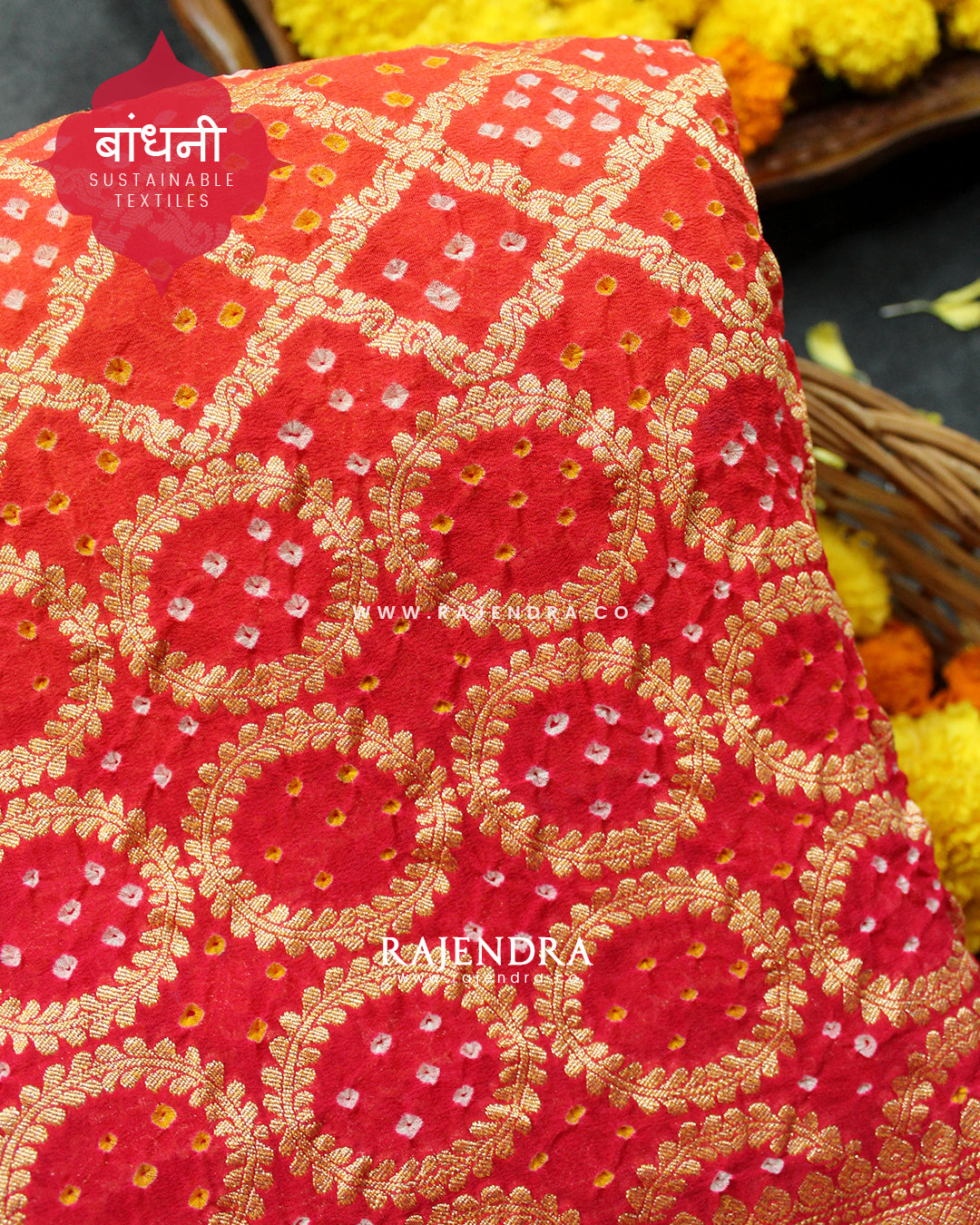 Traditional Khadi Georgette Strawberry Pink with Peach Banarasi Bandhani Saree