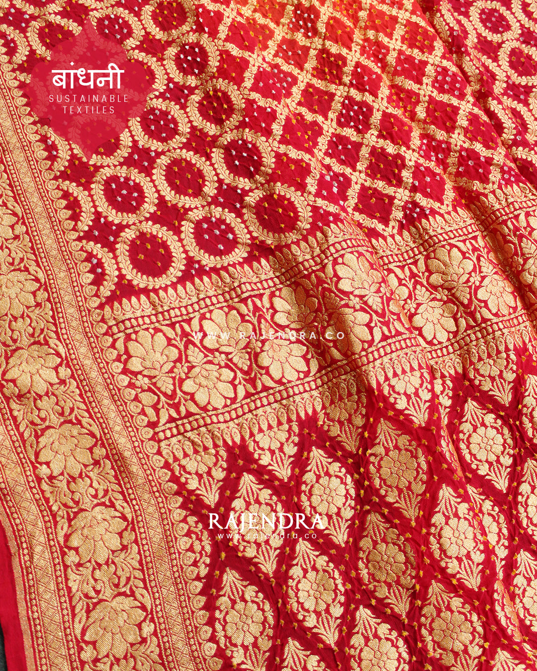 Traditional Khadi Georgette Strawberry Pink with Peach Banarasi Bandhani Saree