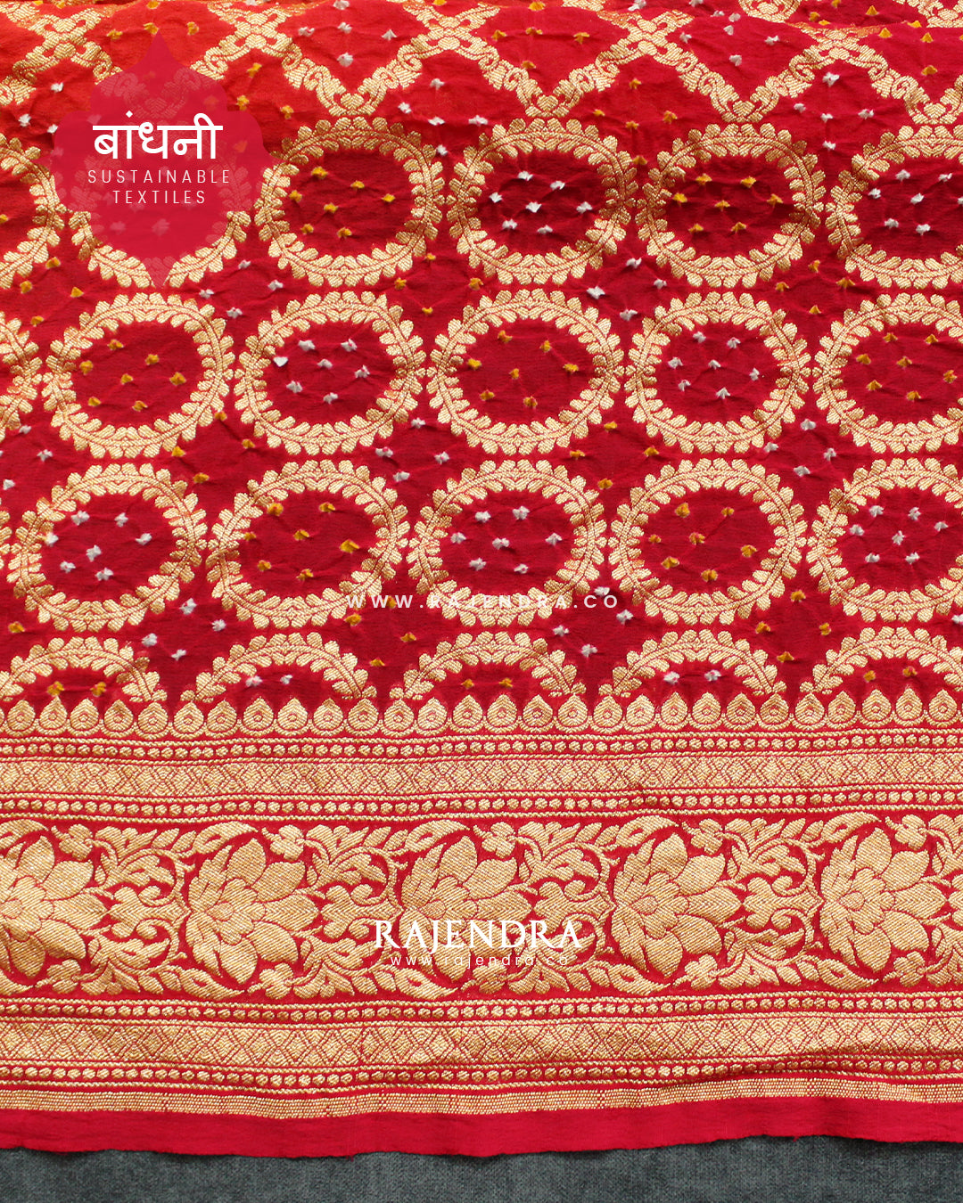 Traditional Khadi Georgette Strawberry Pink with Peach Banarasi Bandhani Saree