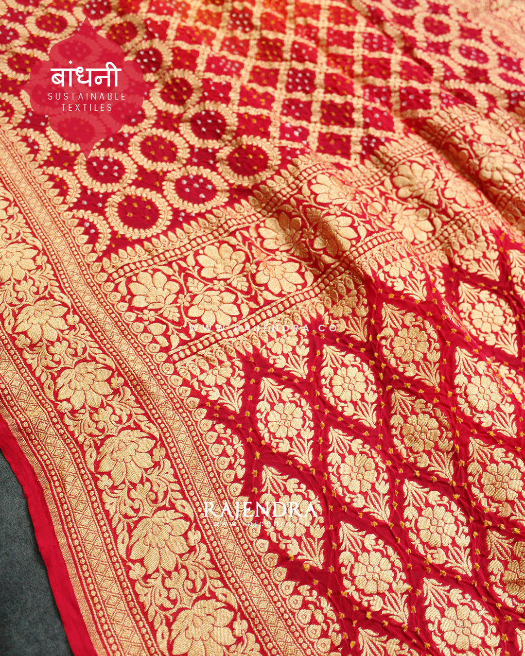 Traditional Khadi Georgette Strawberry Pink with Peach Banarasi Bandhani Saree
