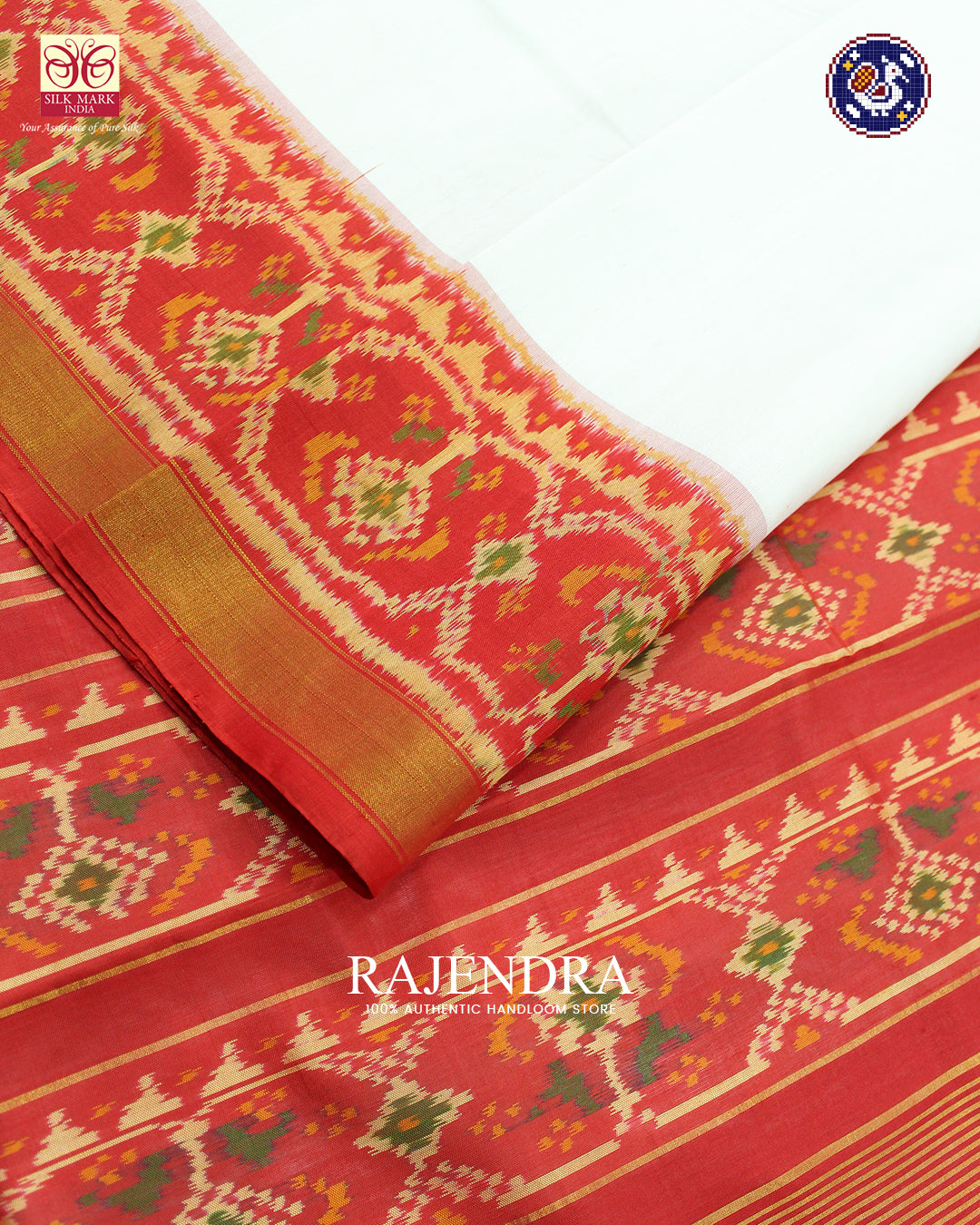Traditional Plain Gala Border Red and White Rajkot Patola Saree
