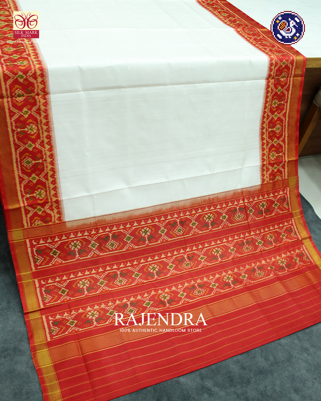 Traditional Plain Gala Border Red and White Rajkot Patola Saree