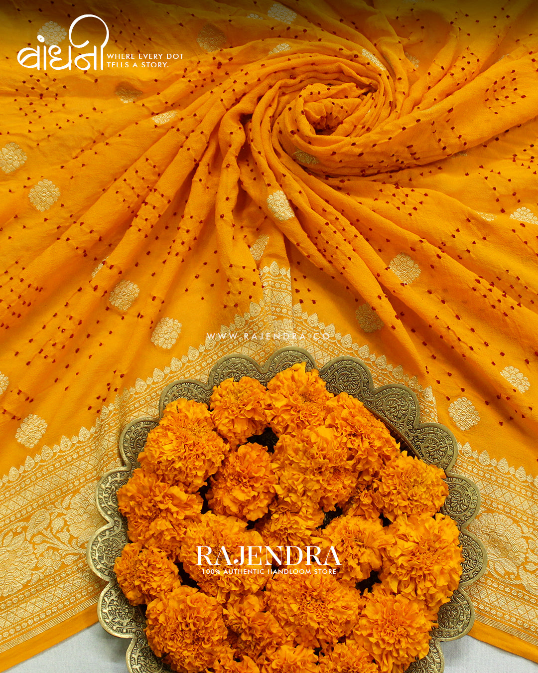 Traditional Pure Georgette Yellow Border Butty Banarasi Bandhani Saree