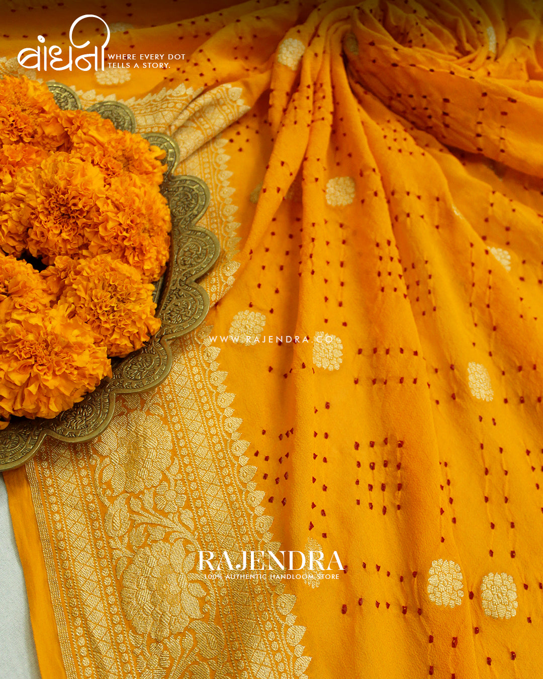 Traditional Pure Georgette Yellow Border Butty Banarasi Bandhani Saree