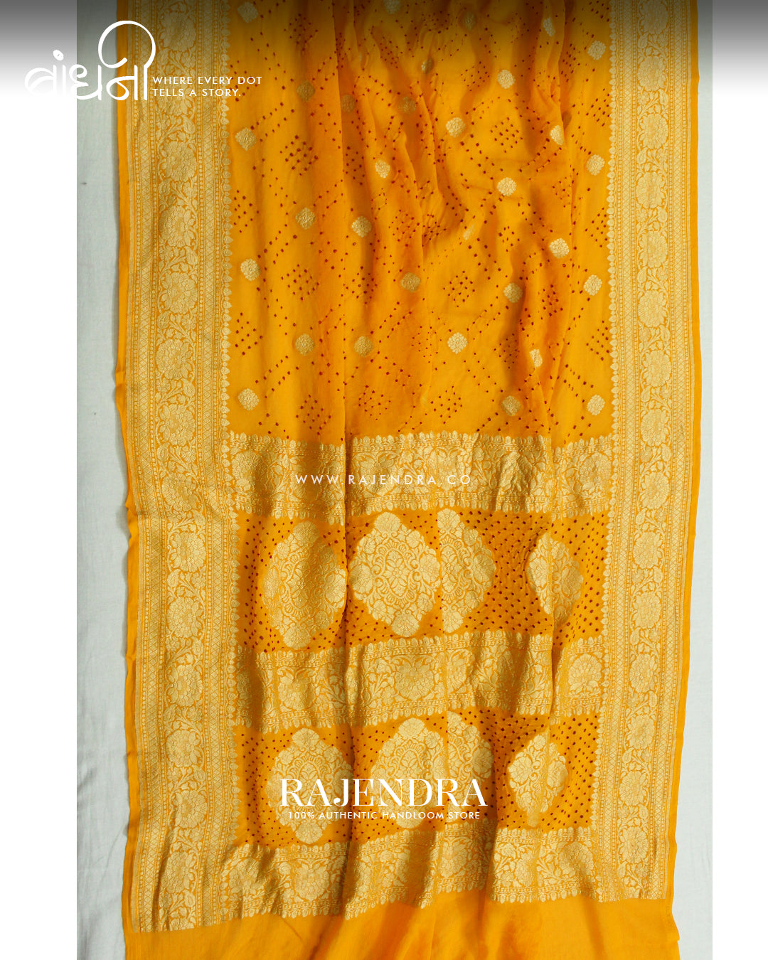 Traditional Pure Georgette Yellow Border Butty Banarasi Bandhani Saree