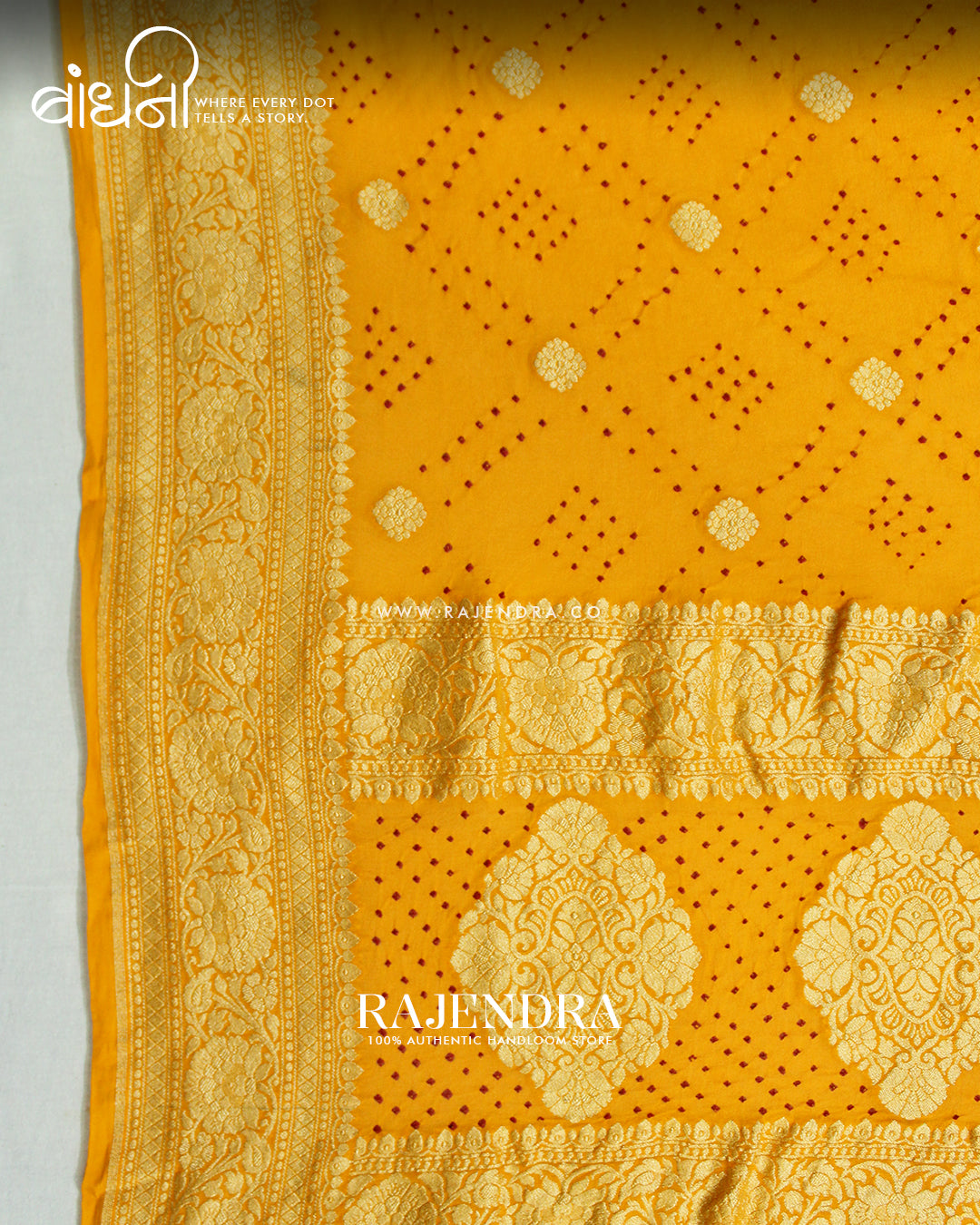 Traditional Pure Georgette Yellow Border Butty Banarasi Bandhani Saree