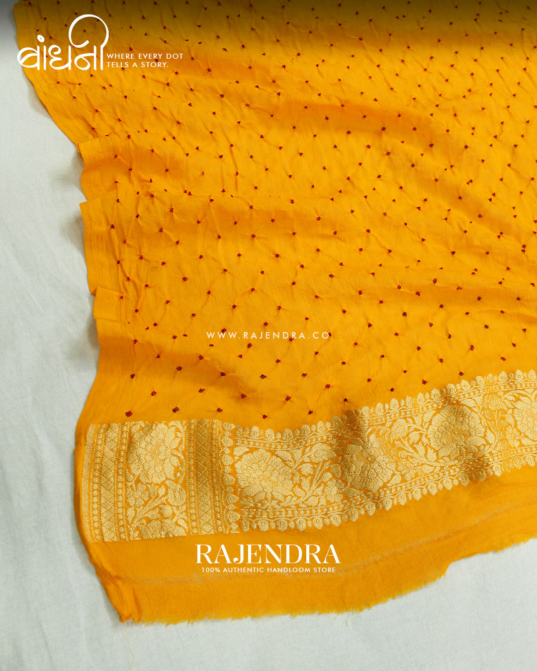 Traditional Pure Georgette Yellow Border Butty Banarasi Bandhani Saree