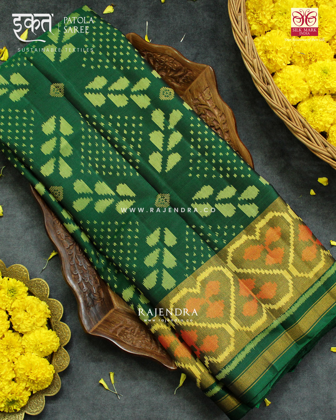 Exclusive Zari Butta Fancy Design Green Single Ikat Rajkot Patola Saree
