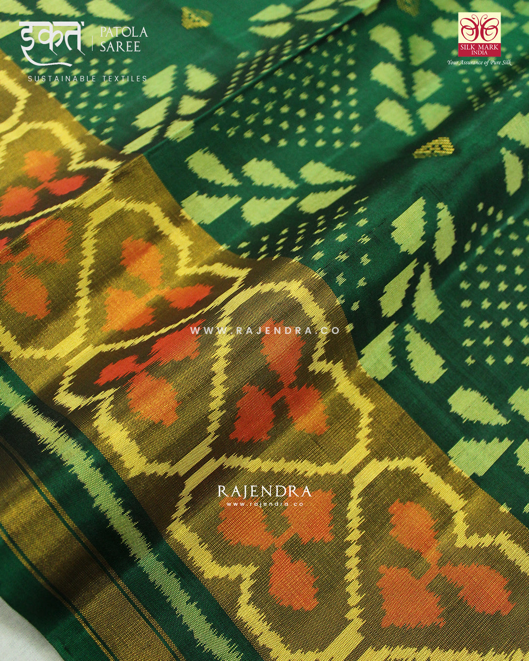 Exclusive Zari Butta Fancy Design Green Single Ikat Rajkot Patola Saree