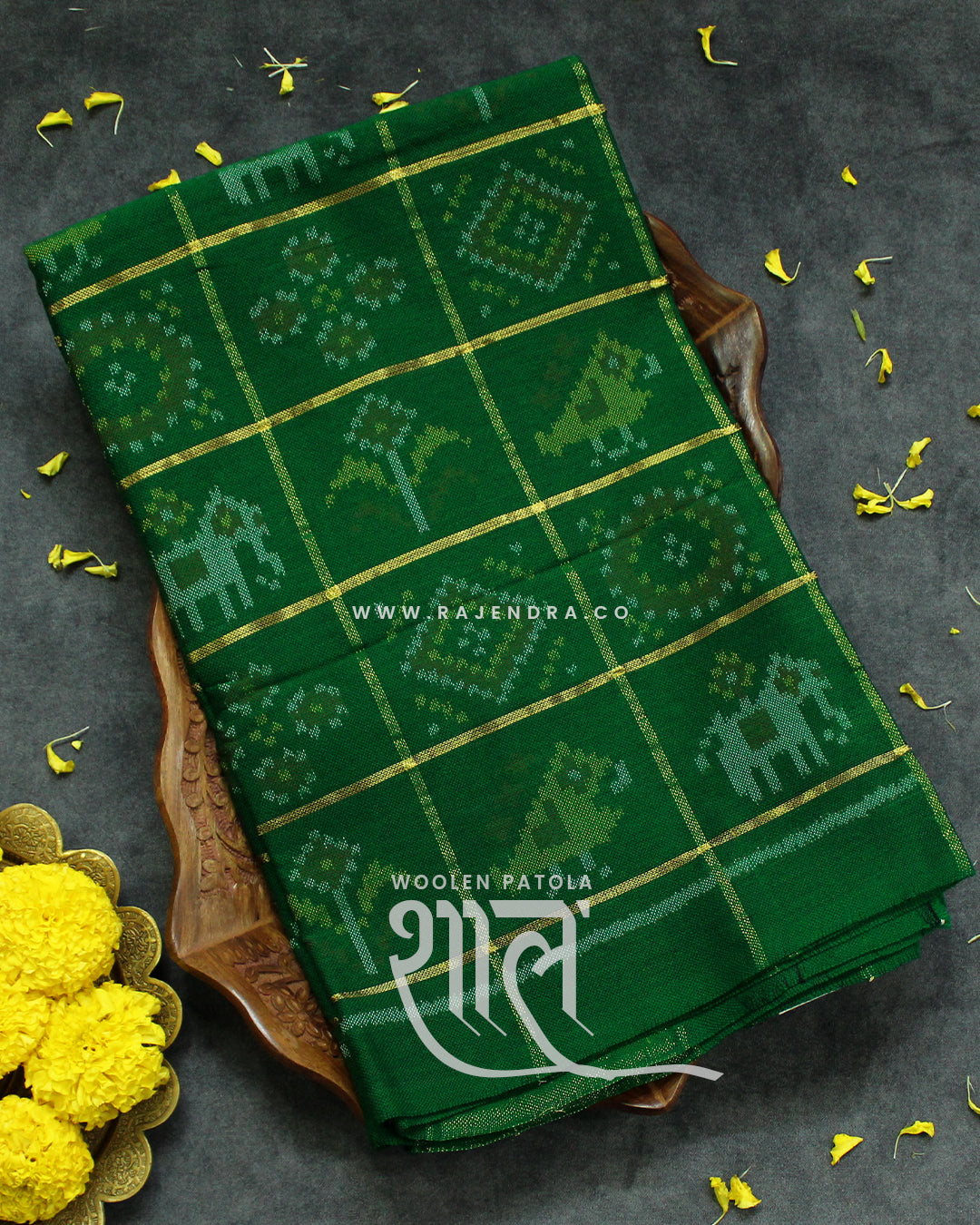 Handwoven Hathi Popat Zari Checks Green Woolen Patola Shawls